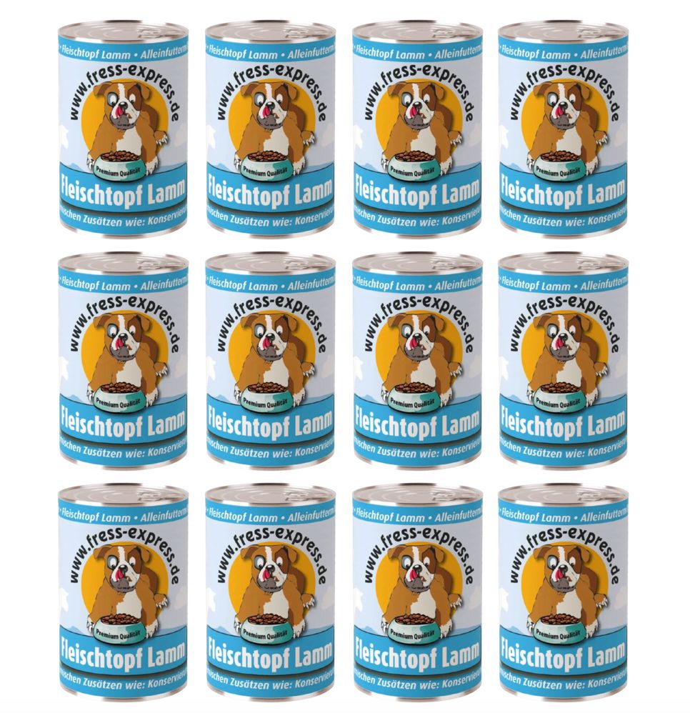 Twaalf blikken hondenvoer. Etiket: Fleischtopf Lamm, afbeelding van een hond, tekst: www.fress-express.de, zonder toevoegingen zoals: conserveermiddelen.