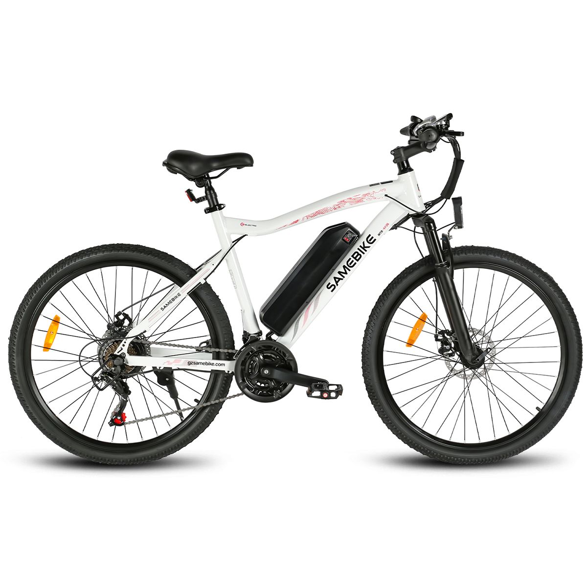 Vélo électrique SAMEBIKE SY26-II blanc. Pneus, selle et détails noirs. Shimano 21 vitesses. Batterie sur cadre.