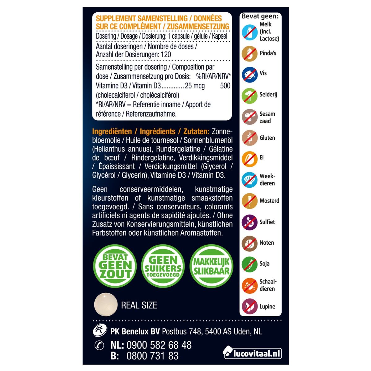 Achterkant van de Lucovitaal Vitamine D3 verpakking. Bevat info over ingrediënten, dosering en allergenen. Tekst in het Nederlands.