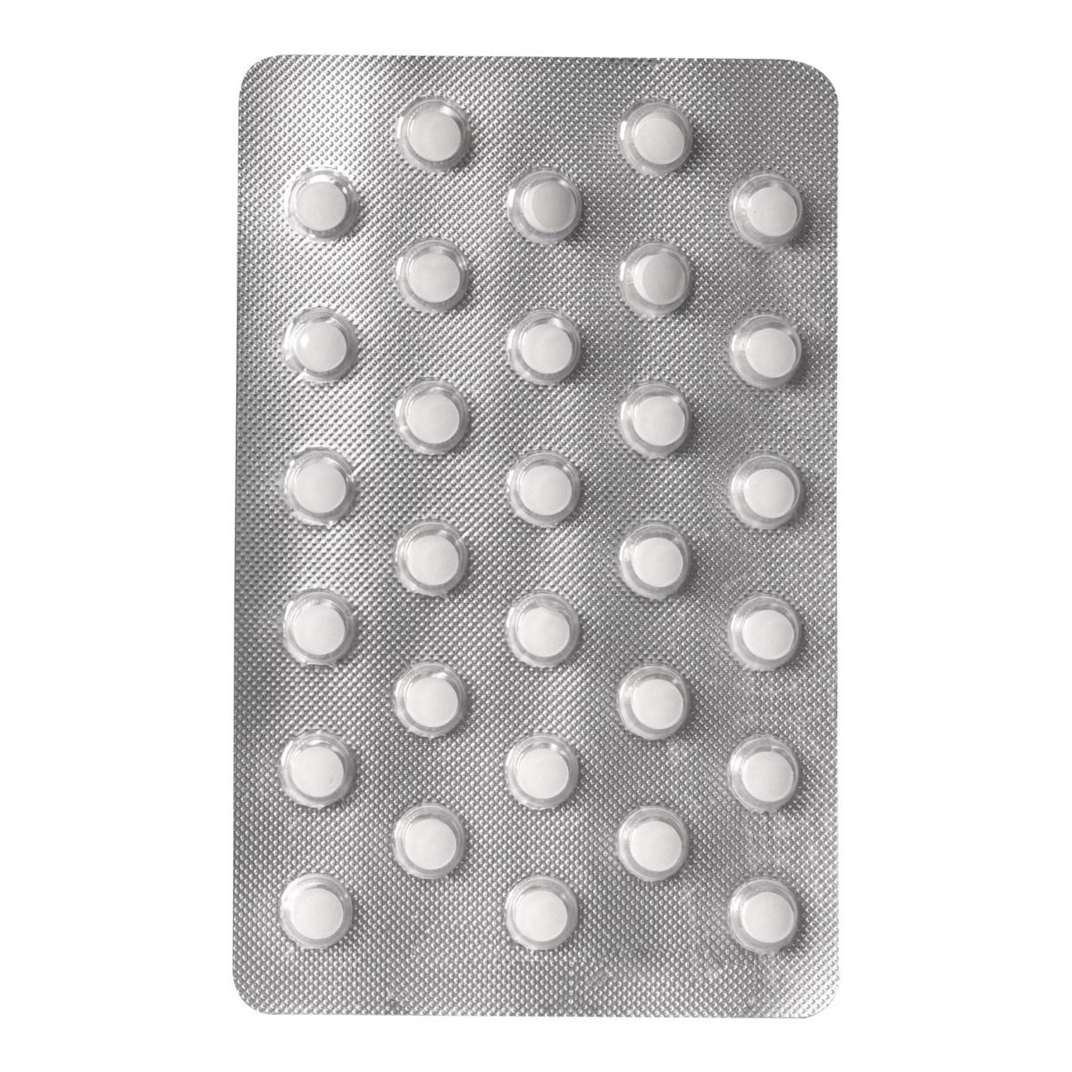 Blisterverpakking met tabletten. Zilverkleurige blister met witte tabletten.