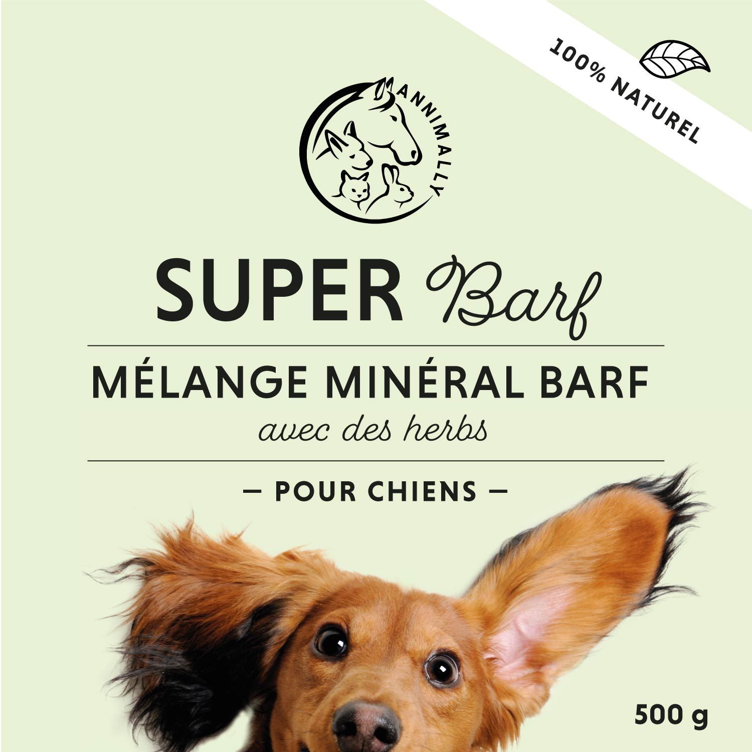 Étiquette verte avec "SUPER Barf". Image de chien. 500 g. Mélange minéral Barf avec herbes. Pour chiens. Logo cheval, lapin et chien.