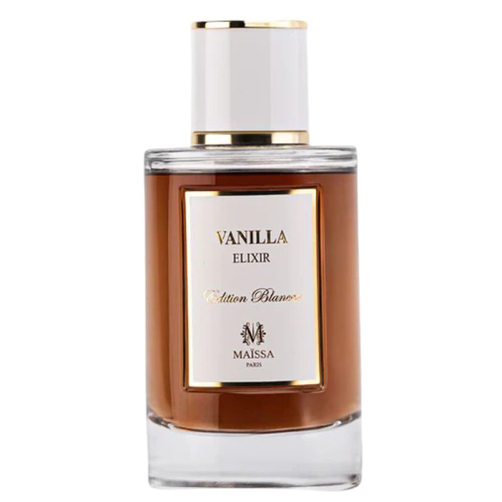 Parfumfles met witte dop en gouden rand. Opschrift: Vanilla Elixir. Merk: Maïssa Paris.