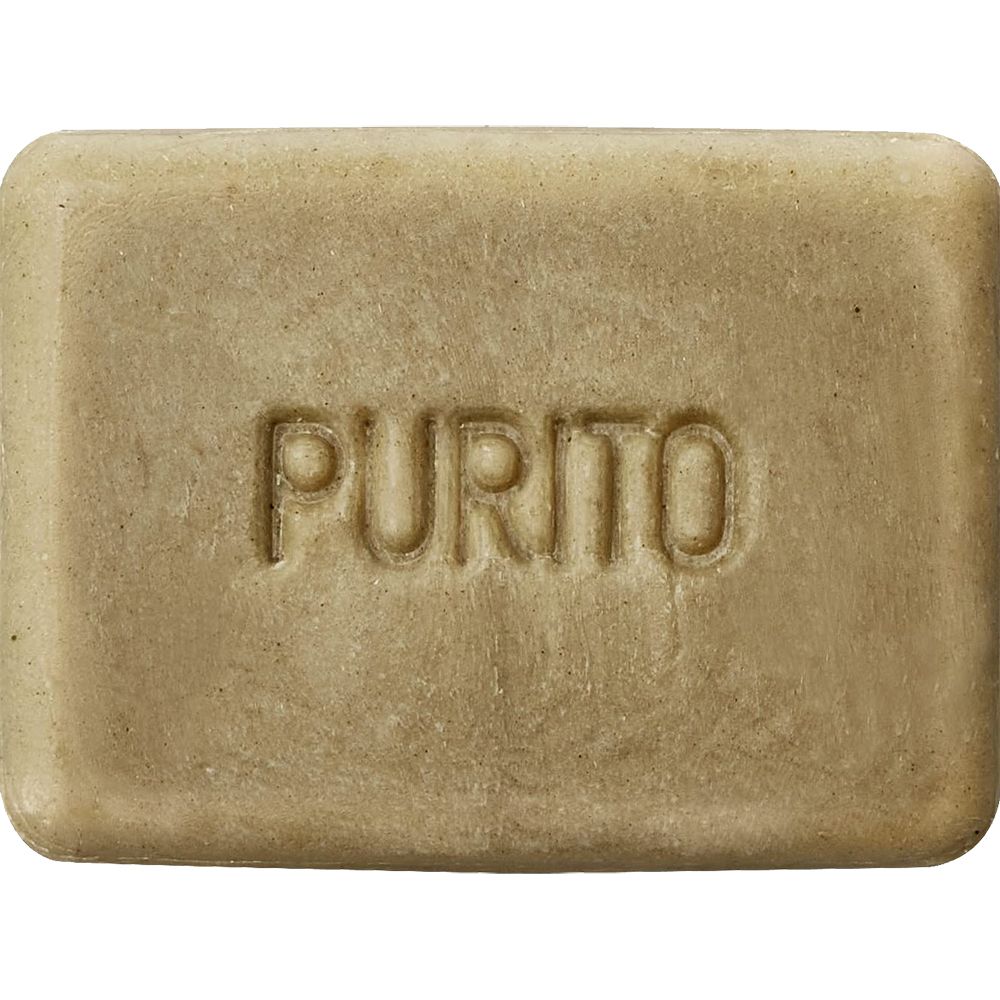Savon rectangulaire avec inscription « PURITO ». Couleur brun clair, bords arrondis.