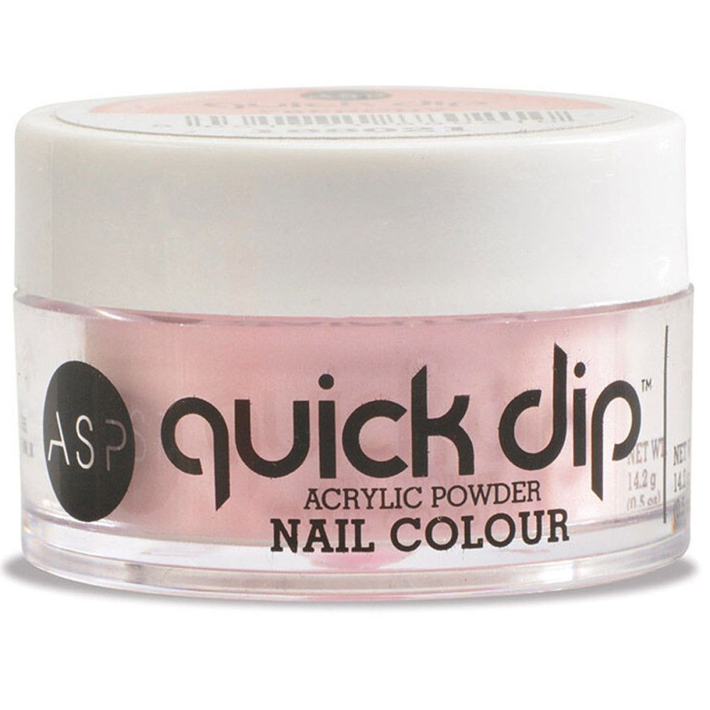 Pot de poudre acrylique rose. Inscription 'quick dip' et 'Nail Colour'.