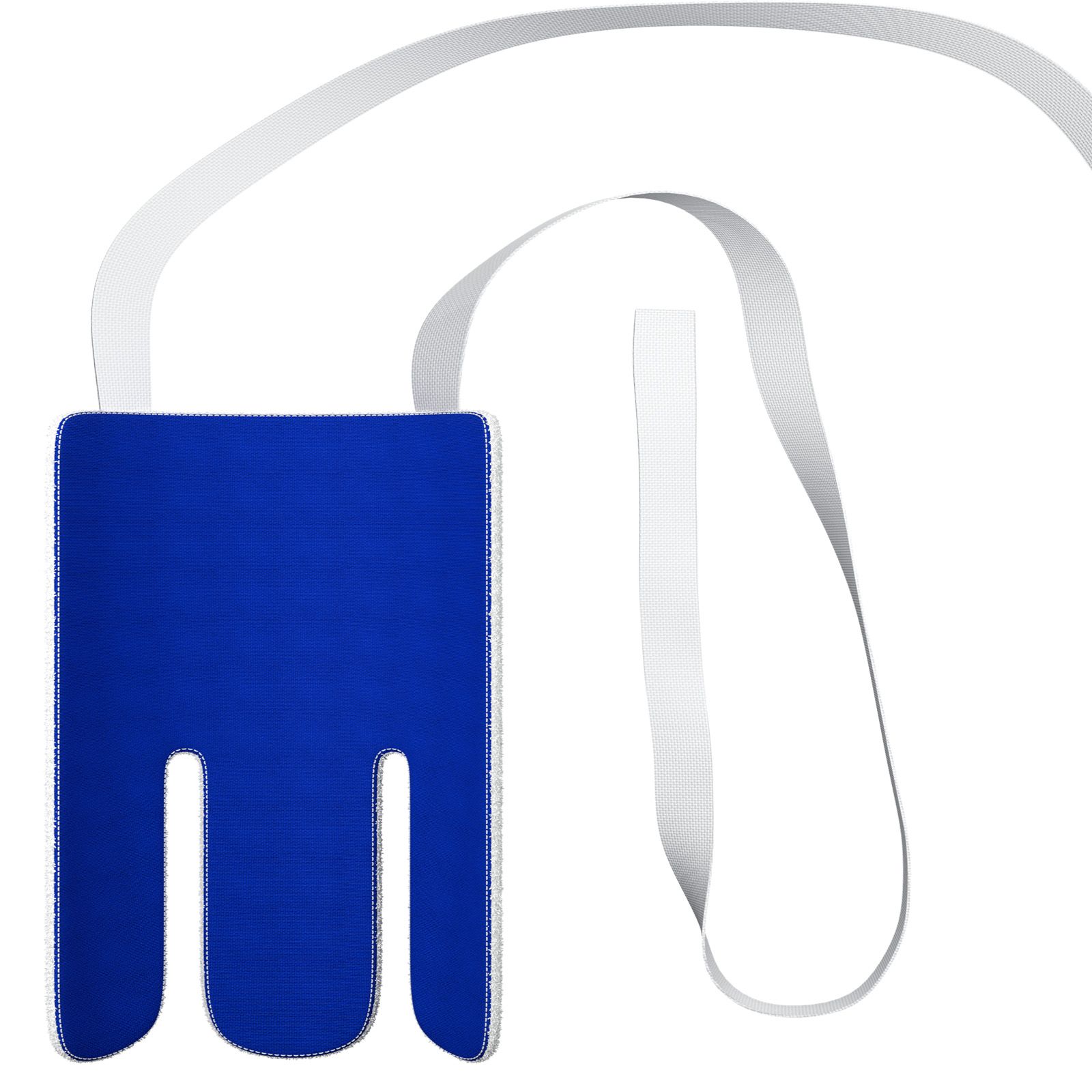 Aide à l'enfilage de chaussettes bleue avec sangles blanches. Forme rectangulaire avec deux ouvertures.