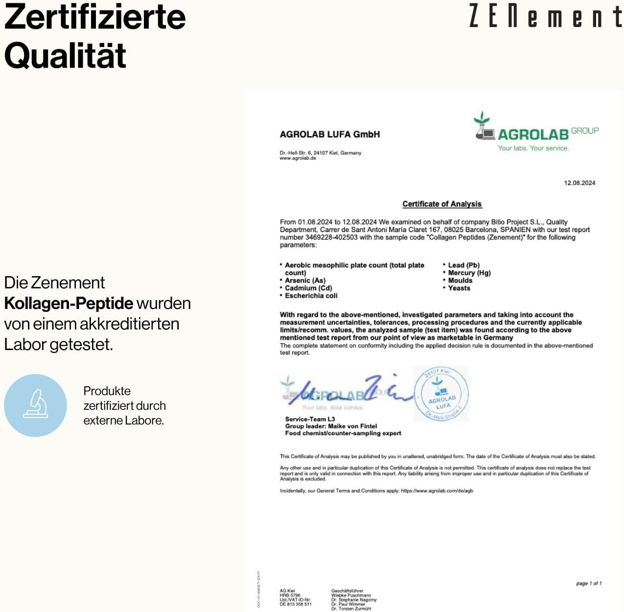 Certificat d'AGROLAB LUFA GmbH. Texte: Qualité certifiée. Les peptides de collagène Zenement ont été testés par un laboratoire accrédité.