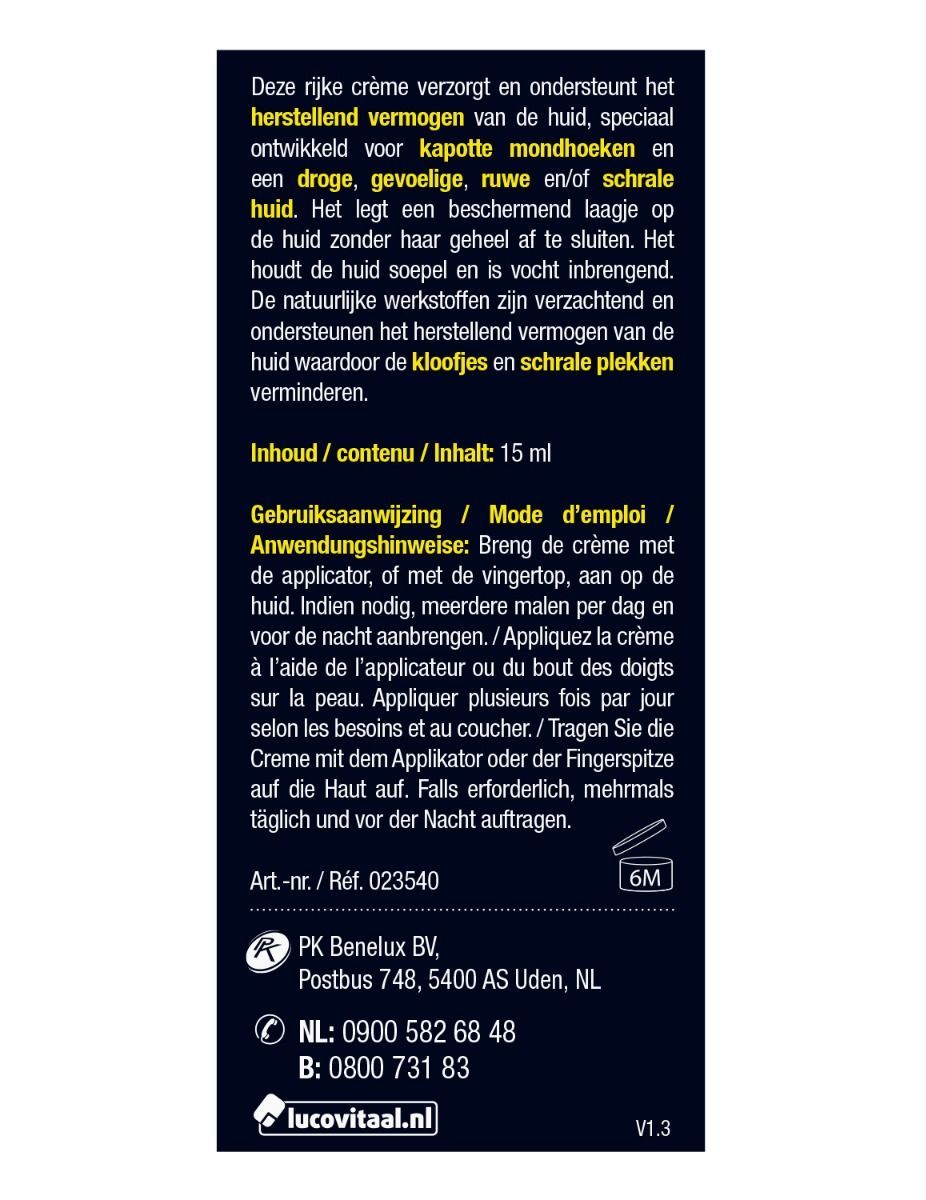 Achterkant van de verpakking van Lucovitaal crème. Bevat ingrediënten, gebruiksaanwijzing en waarschuwingen.