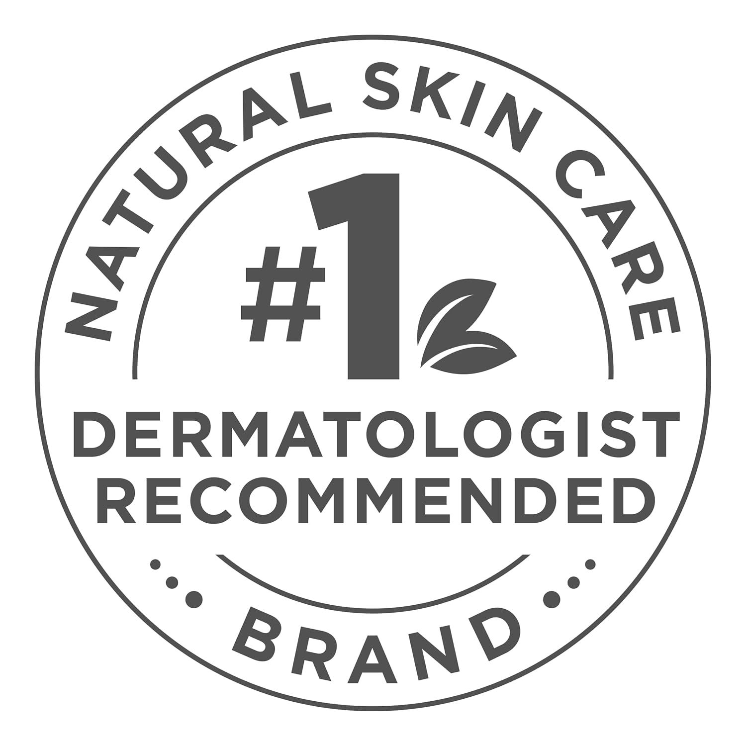 Rond logo: Natural Skin Care. Dermatologist Recommended. Brand. Nummer 1 met bladeren.