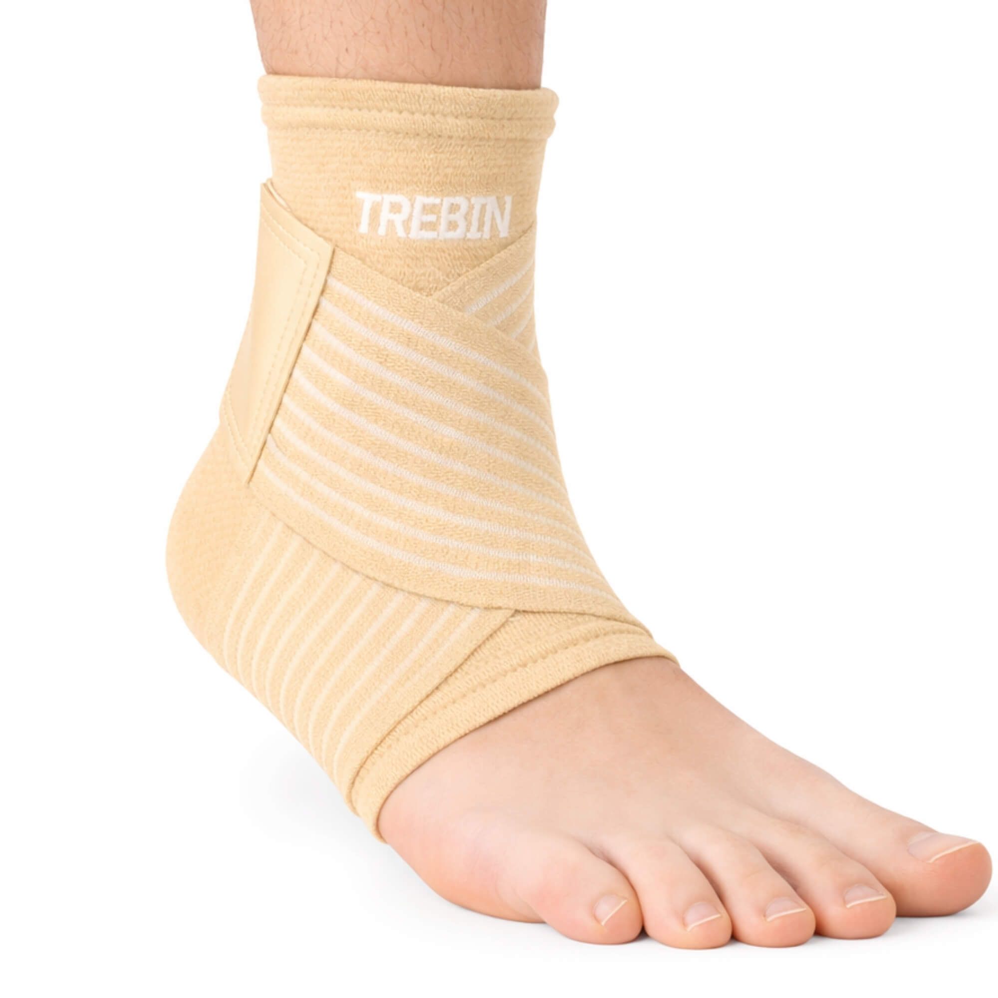 Beige enkelbrace met witte merknaam 'TREBIN'.