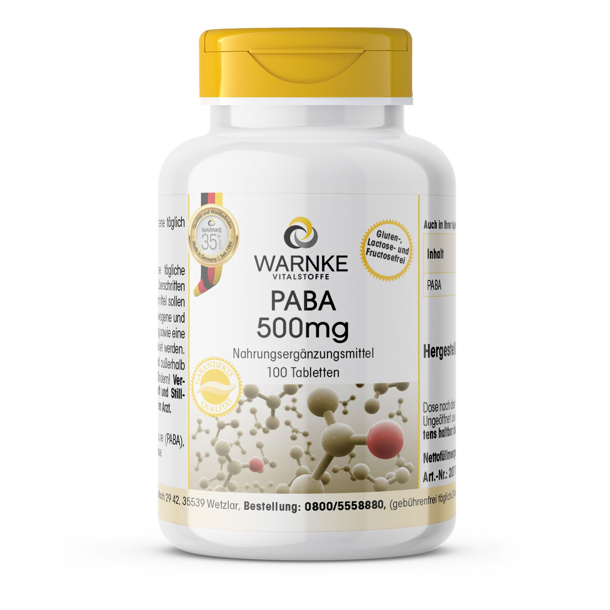 Witte fles met gele dop. Opschrift: Warnke Vitalstoffe PABA 500mg, voedingssupplement, 100 tabletten. Met zegels.
