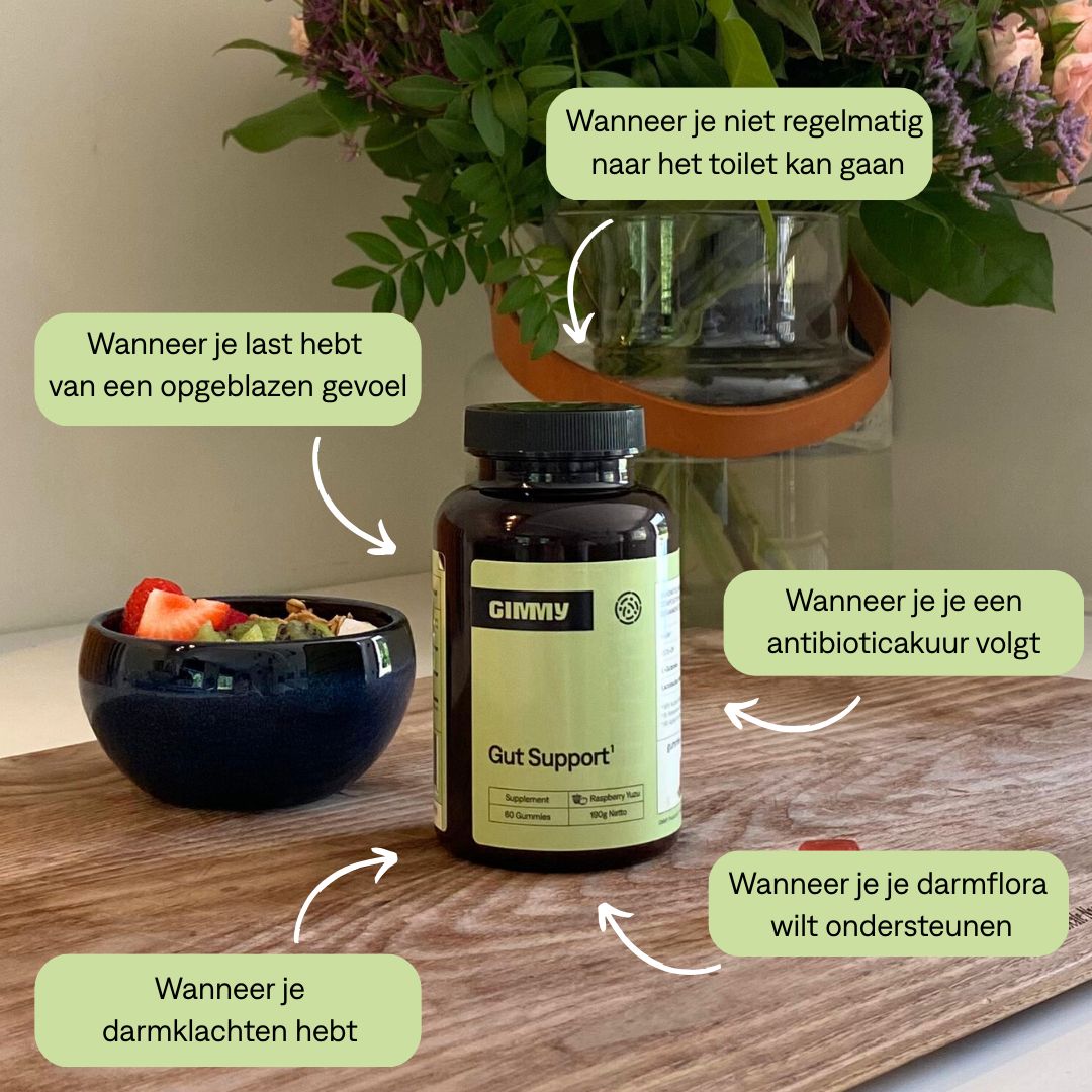 GIMMY Gut Support. Fles, kom met fruit. Tekst: Bij een opgeblazen gevoel, darmklachten, antibiotica, darmflora ondersteunen.