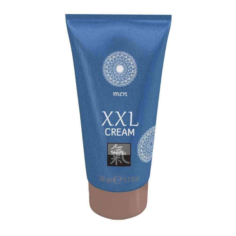 Blauwe tube met "XXL CREAM". Bruine dop. "men" en logo. 50 ml / 1.7 fl.oz.