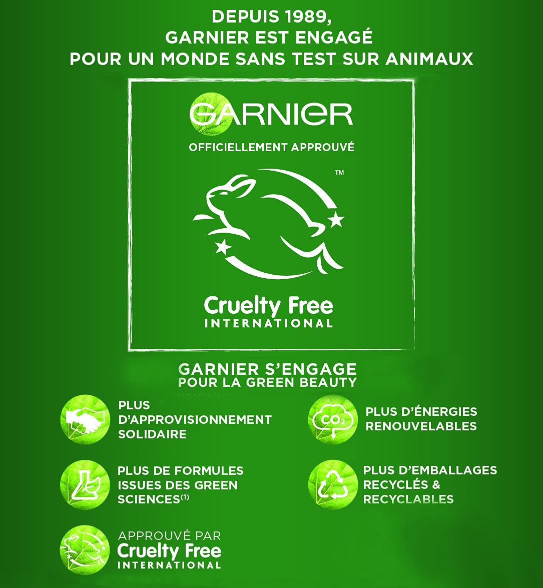 Fond vert avec logo Garnier et logo Cruelty Free International. Garnier s'engage pour la Green Beauty. Logos pour énergies renouvelables.
