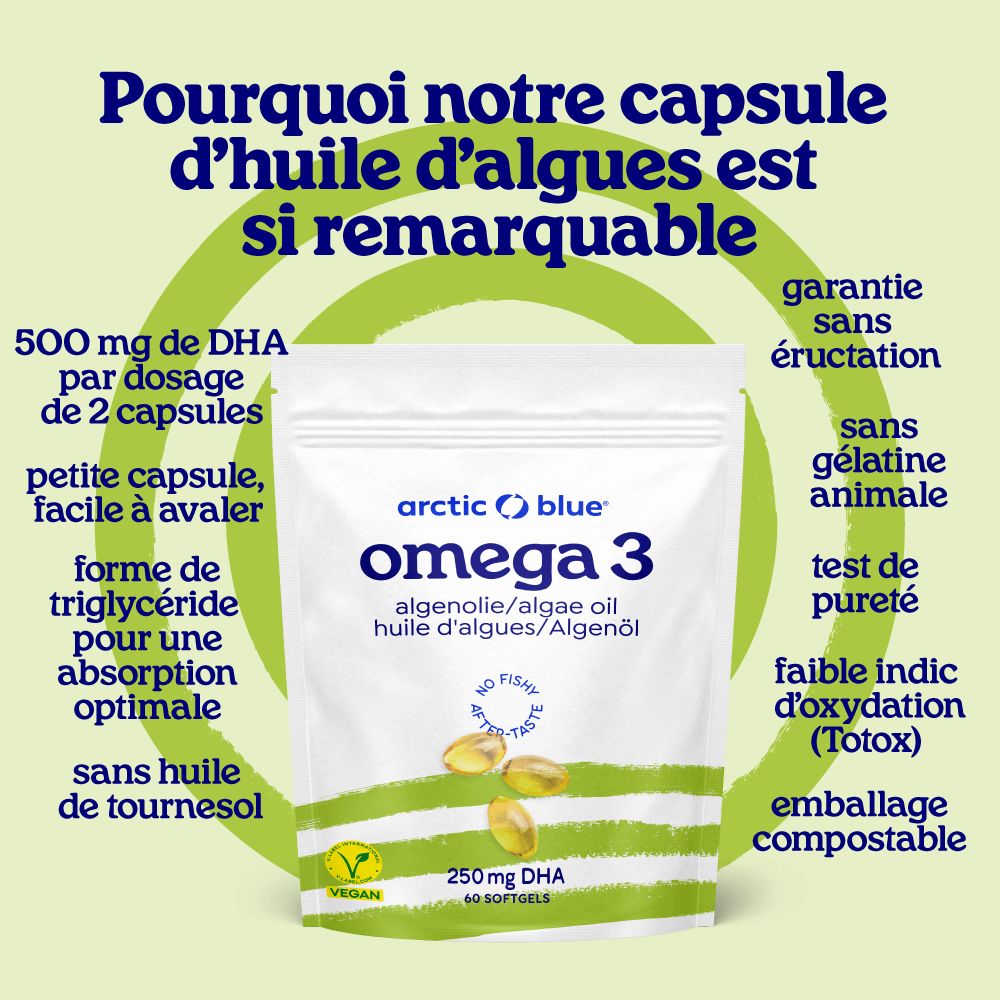 Pochette refermable avec capsules d'huile d'algues Arctic Blue Omega 3, soulignant les avantages comme 500mg DHA.