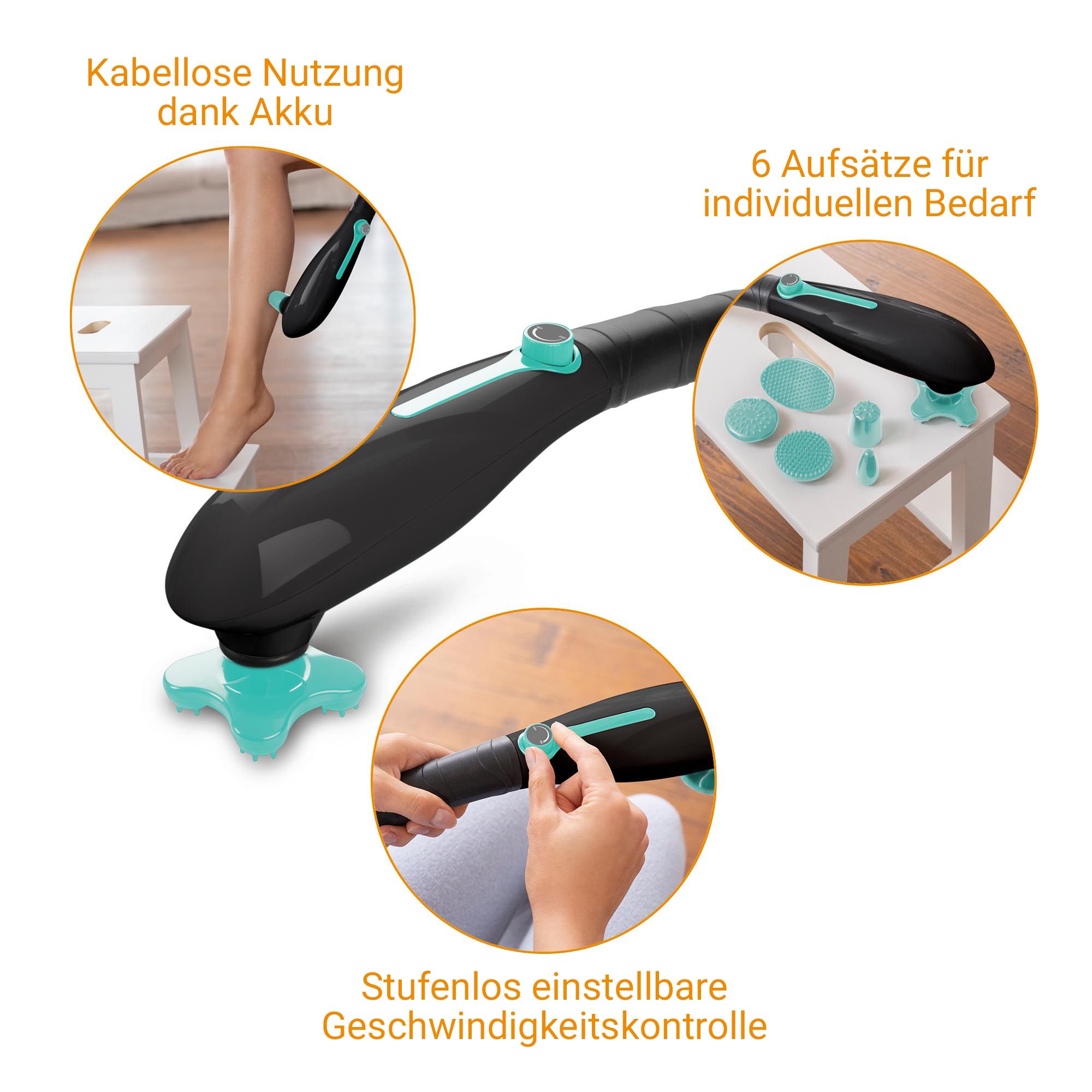Masseur medisana : utilisation sans fil, 6 embouts, contrôle de vitesse.