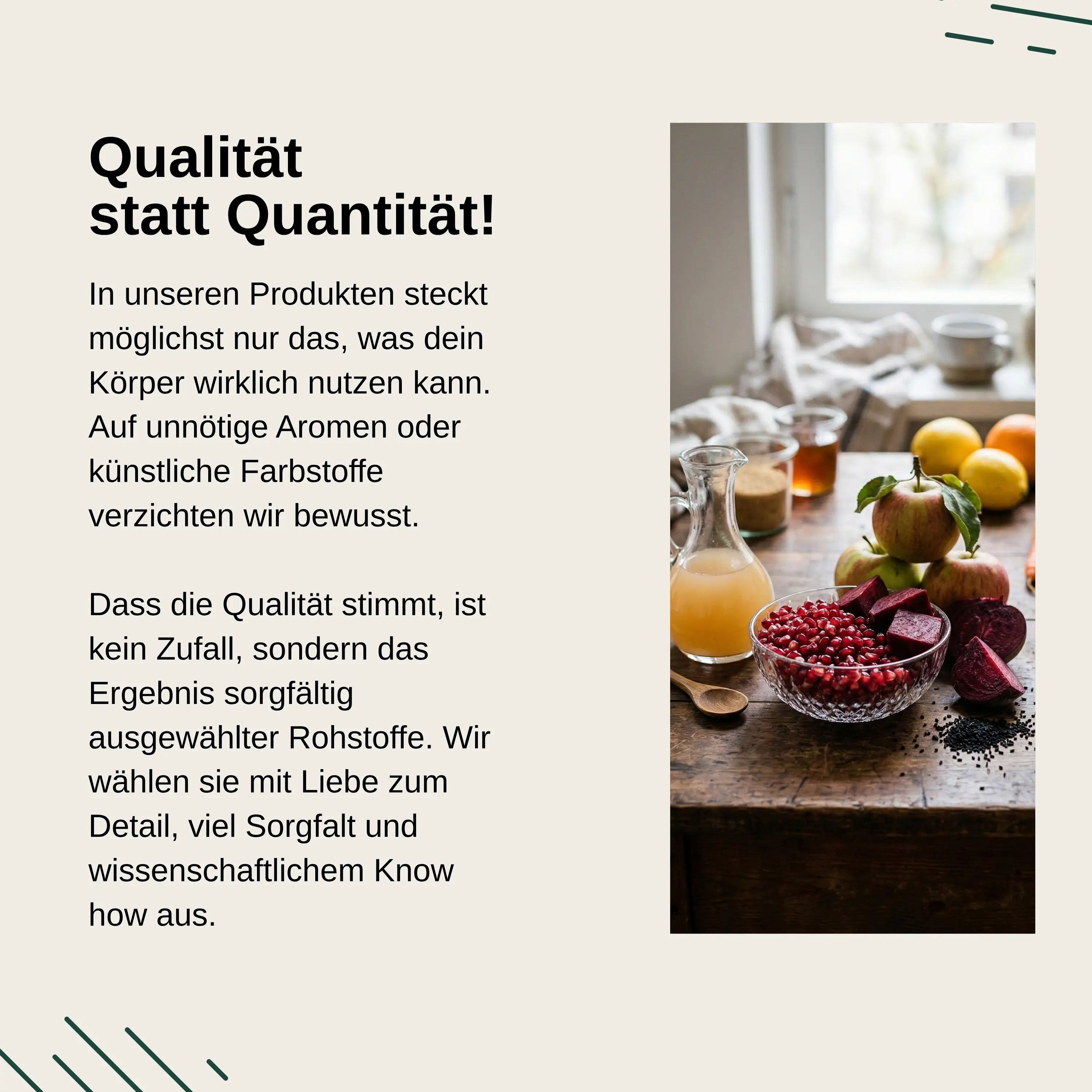 Tekst over productkwaliteit en geselecteerde grondstoffen, ernaast een kom met fruit en granaatappelpitten.