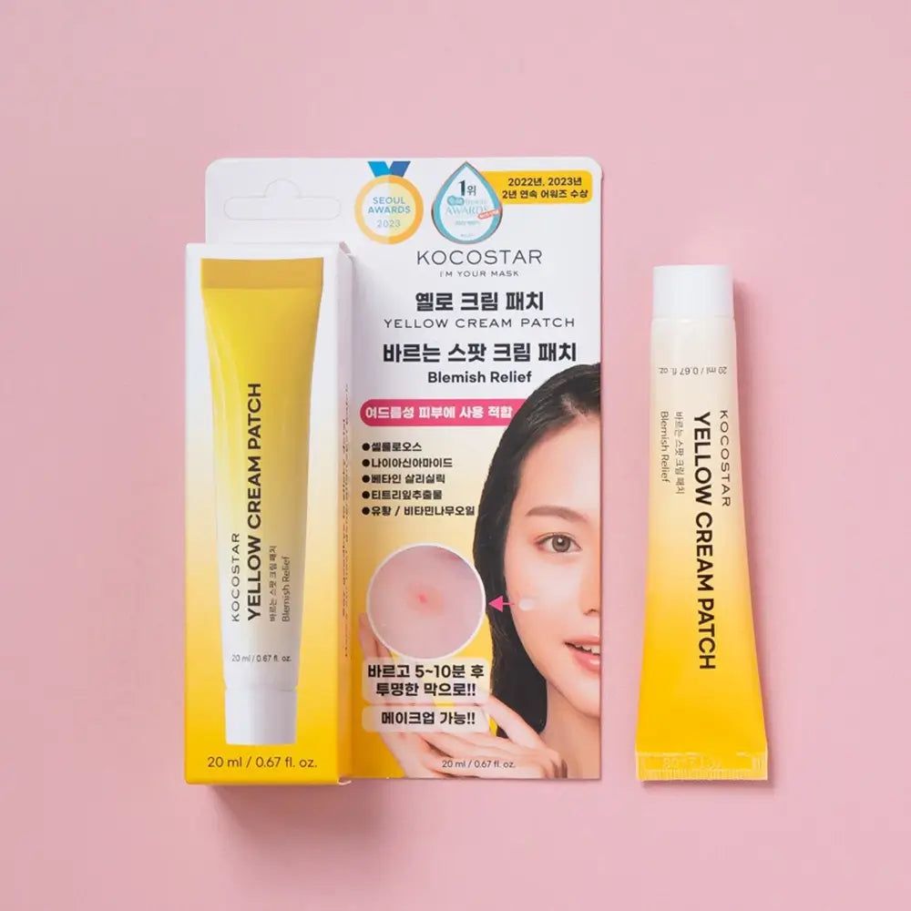 KOCOSTAR Yellow Cream Patch, tube jaune et emballage. Emballage avec visage de femme. Texte: Blemish Relief, 20 ml / 0.67 fl. oz.