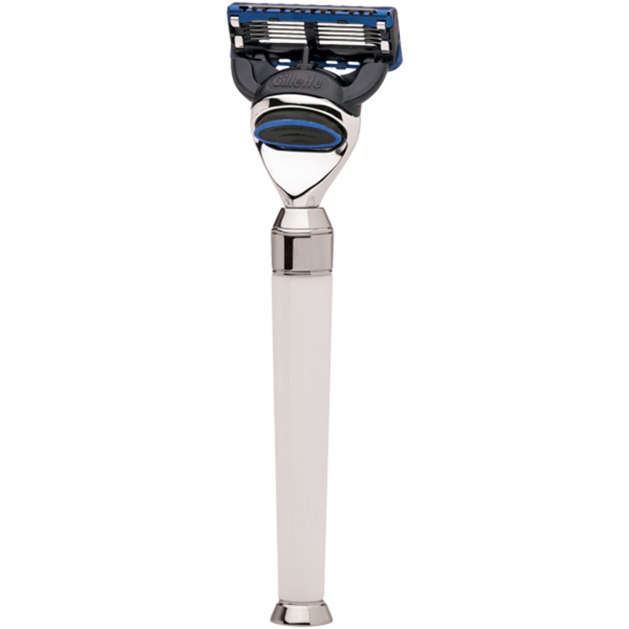 Rasoir Gillette à cinq lames avec manche blanc.