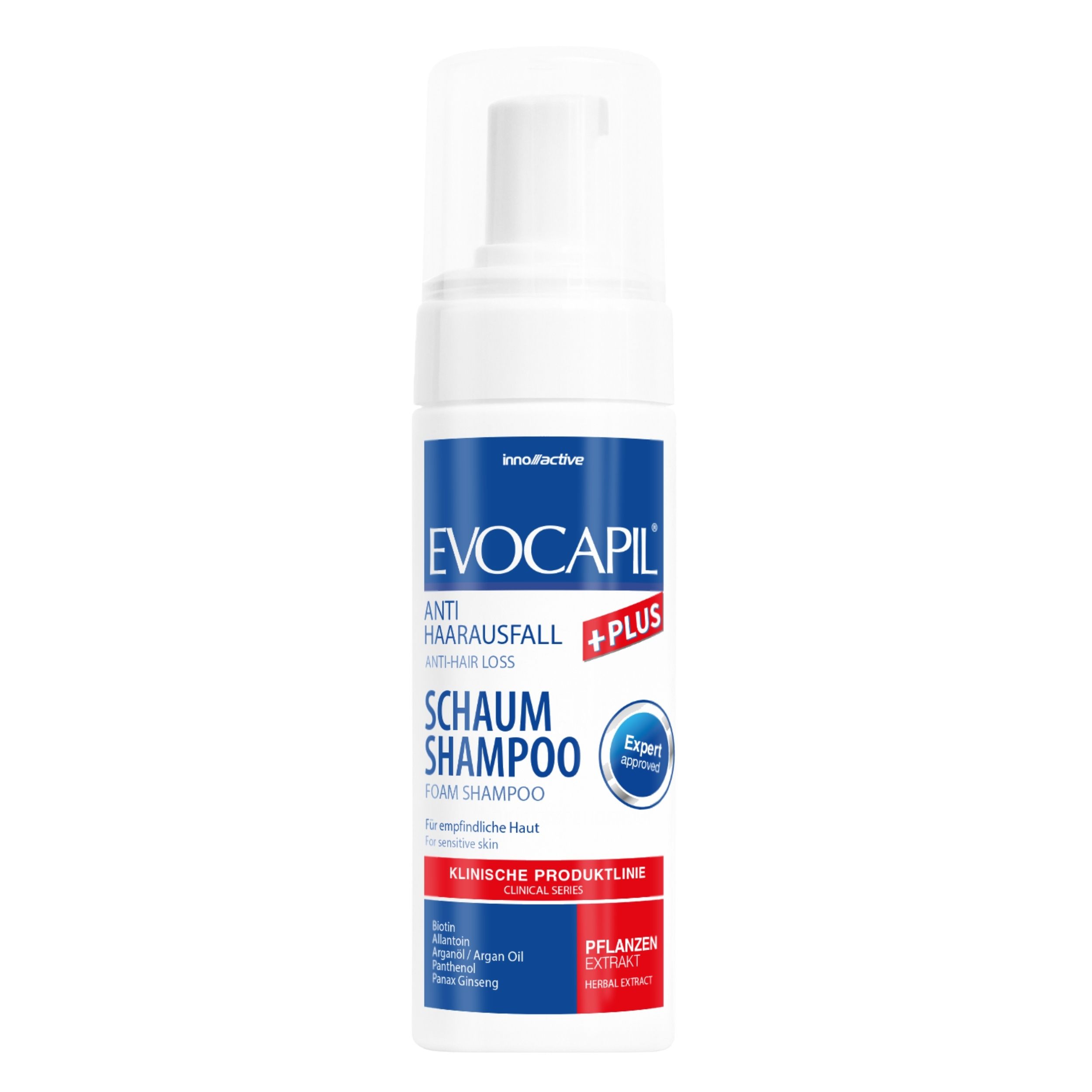 Flacon blanc de shampooing moussant. Étiquettes bleues et rouges avec nom du produit et ingrédients. Expert Approved.