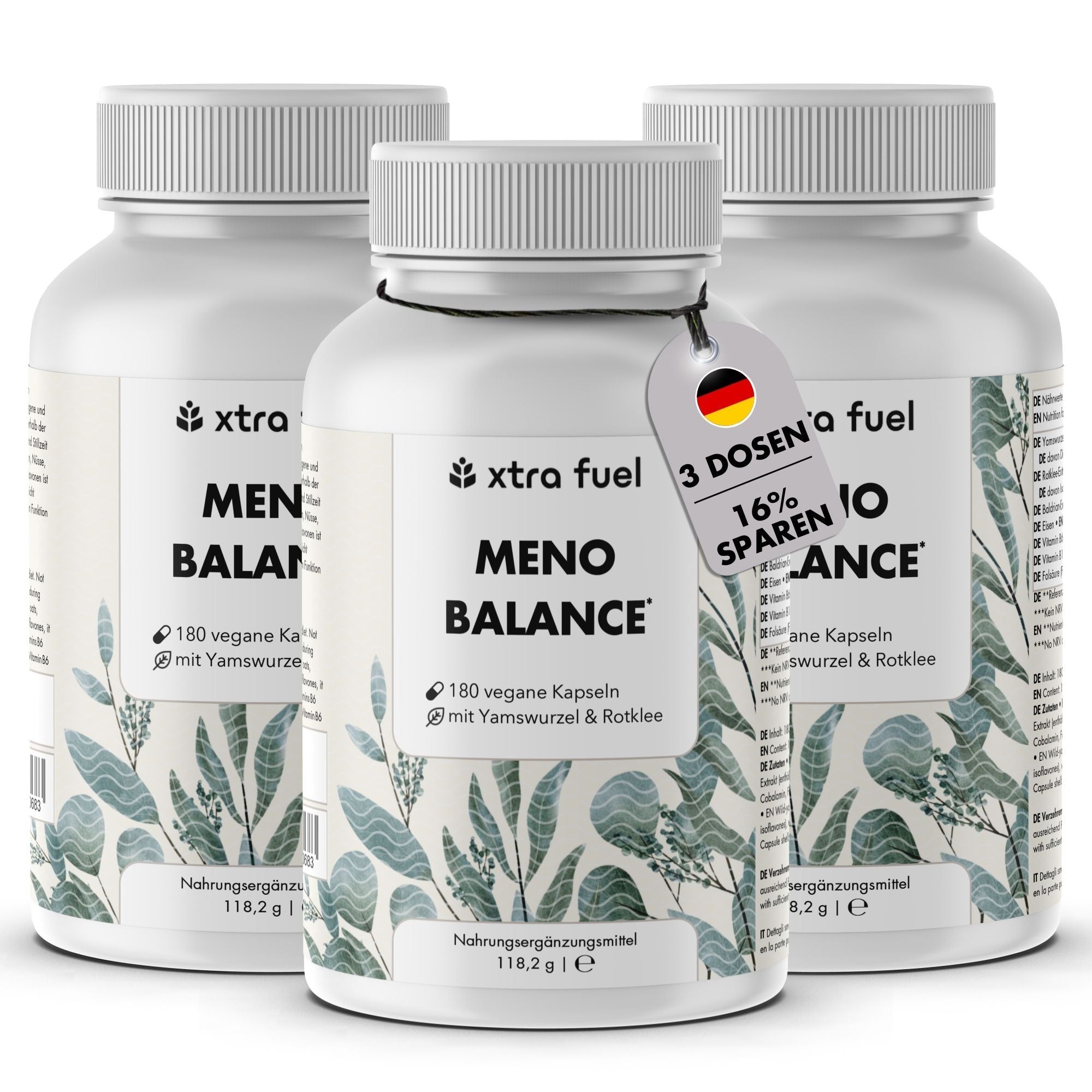 Drie witte flessen met capsules. Opschrift: Meno Balance, xtra fuel. Met etiket: 3 dozen a' fuel, 16% besparen.