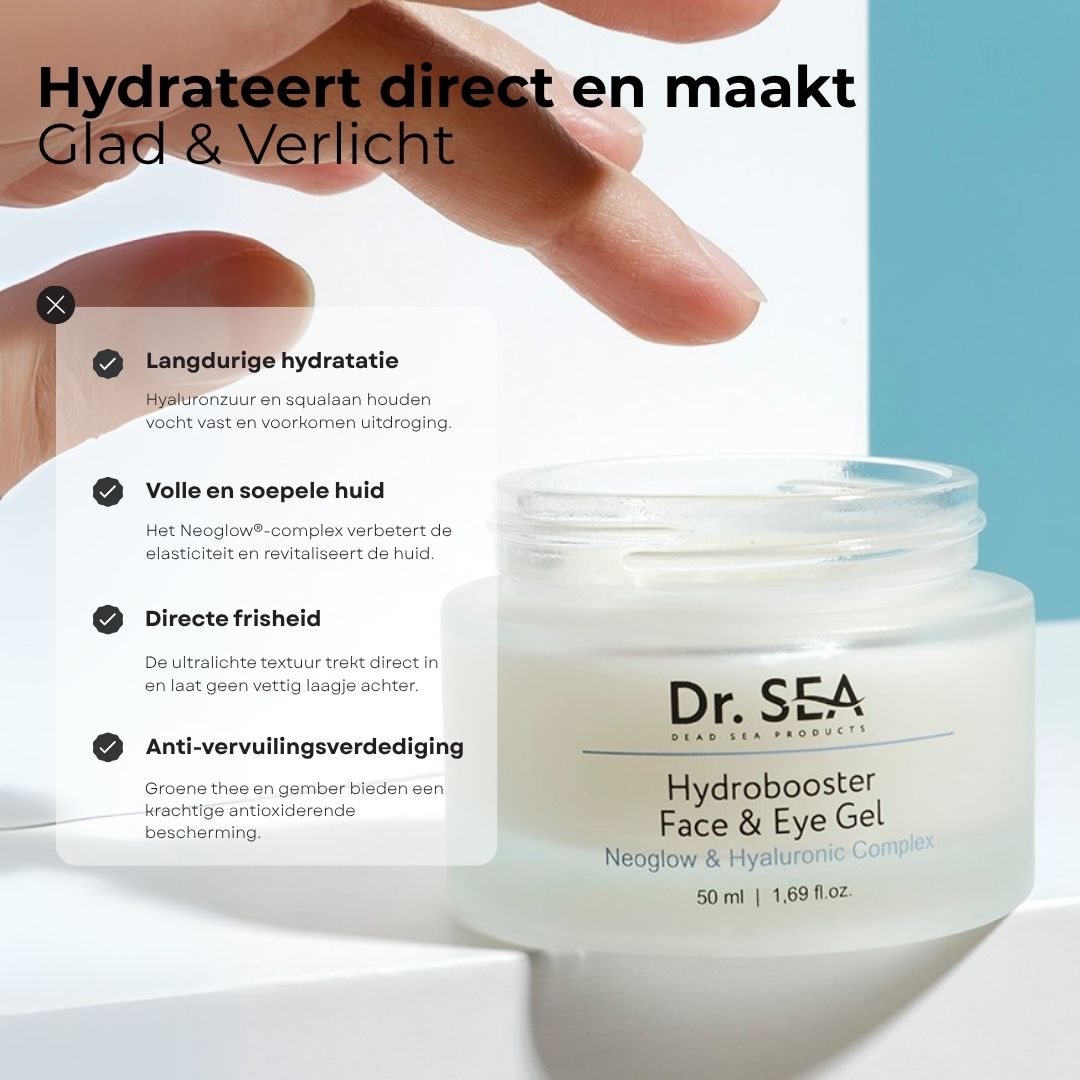 Product met tekst en hand. Opschrift: Dr. SEA, Hydrobooster Face & Eye Gel, 50 ml. Tekst over ingrediënten en effect.
