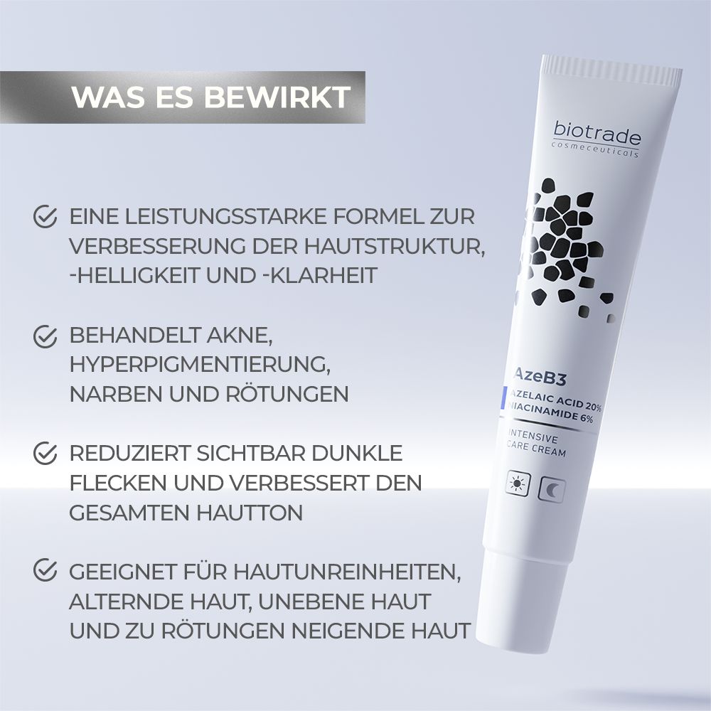 Tube blanche avec nom et texte du produit. Texte: Formule puissante, traite l'acné, réduit les taches sombres, convient aux imperfections.