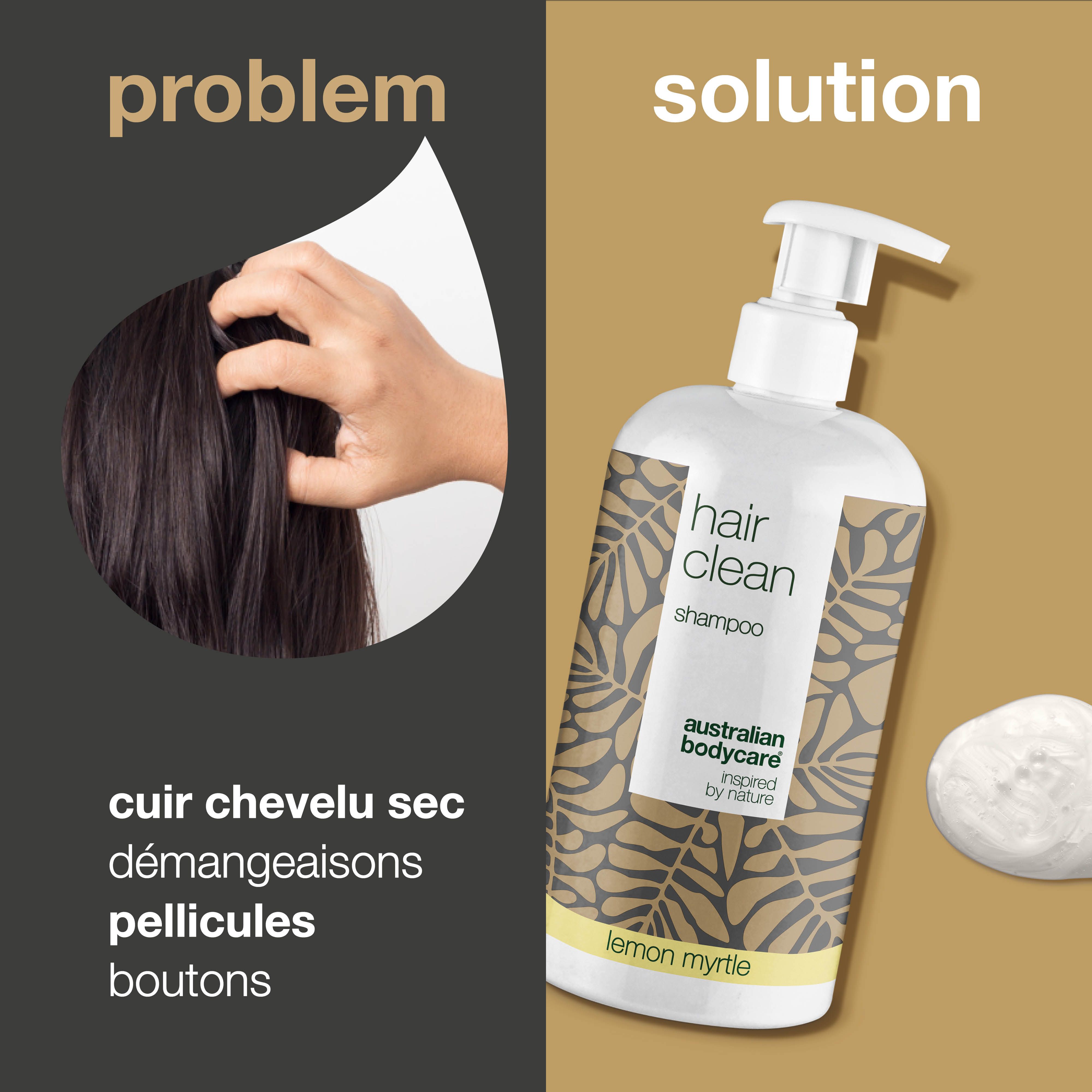 Présentation problème-solution. Gauche : main touchant le cuir chevelu. Droite : flacon de shampooing et échantillon. Texte : Hair Clean Shampoo.