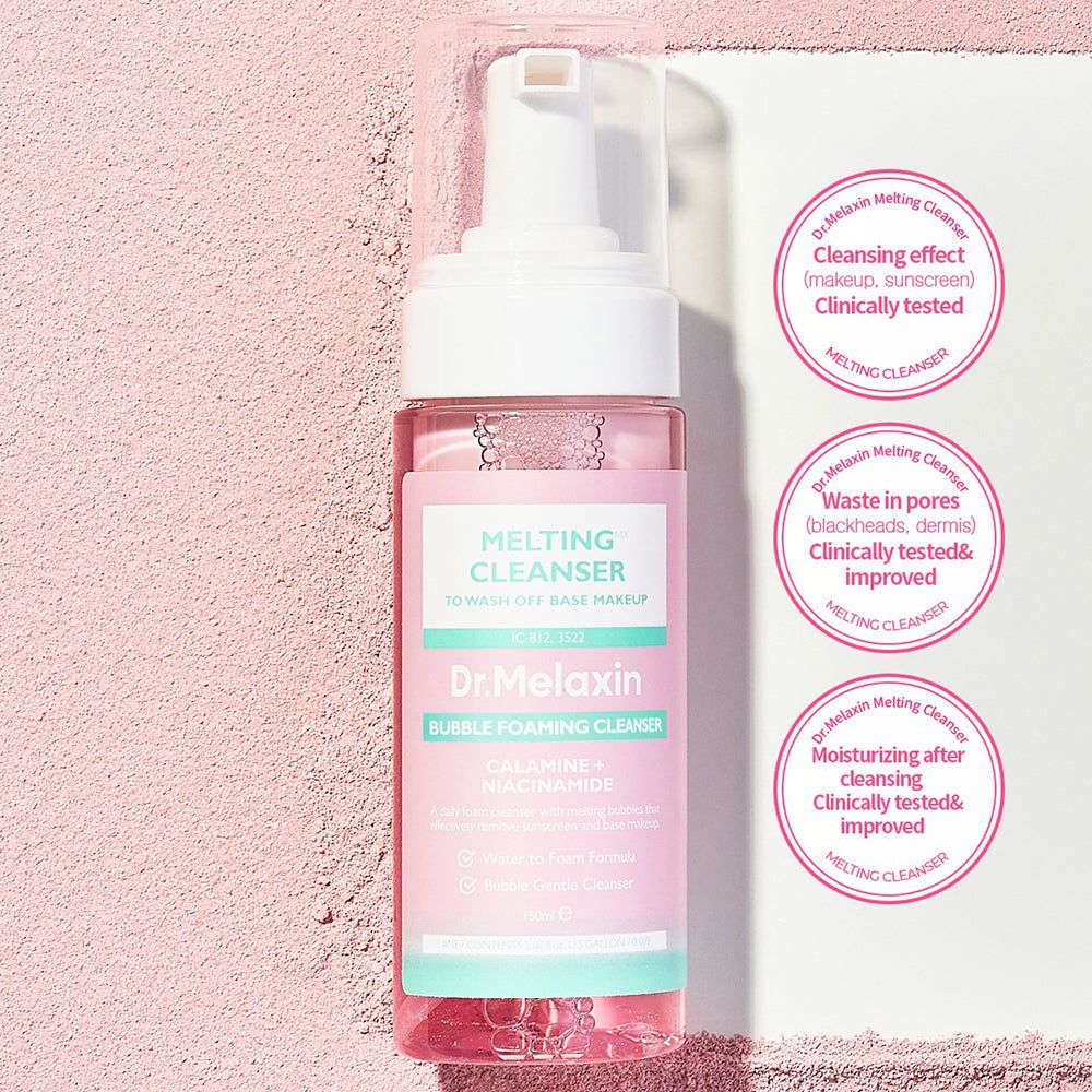 Nettoyant moussant Dr. Melaxin avec sceaux pour le nettoyage et l'hydratation.