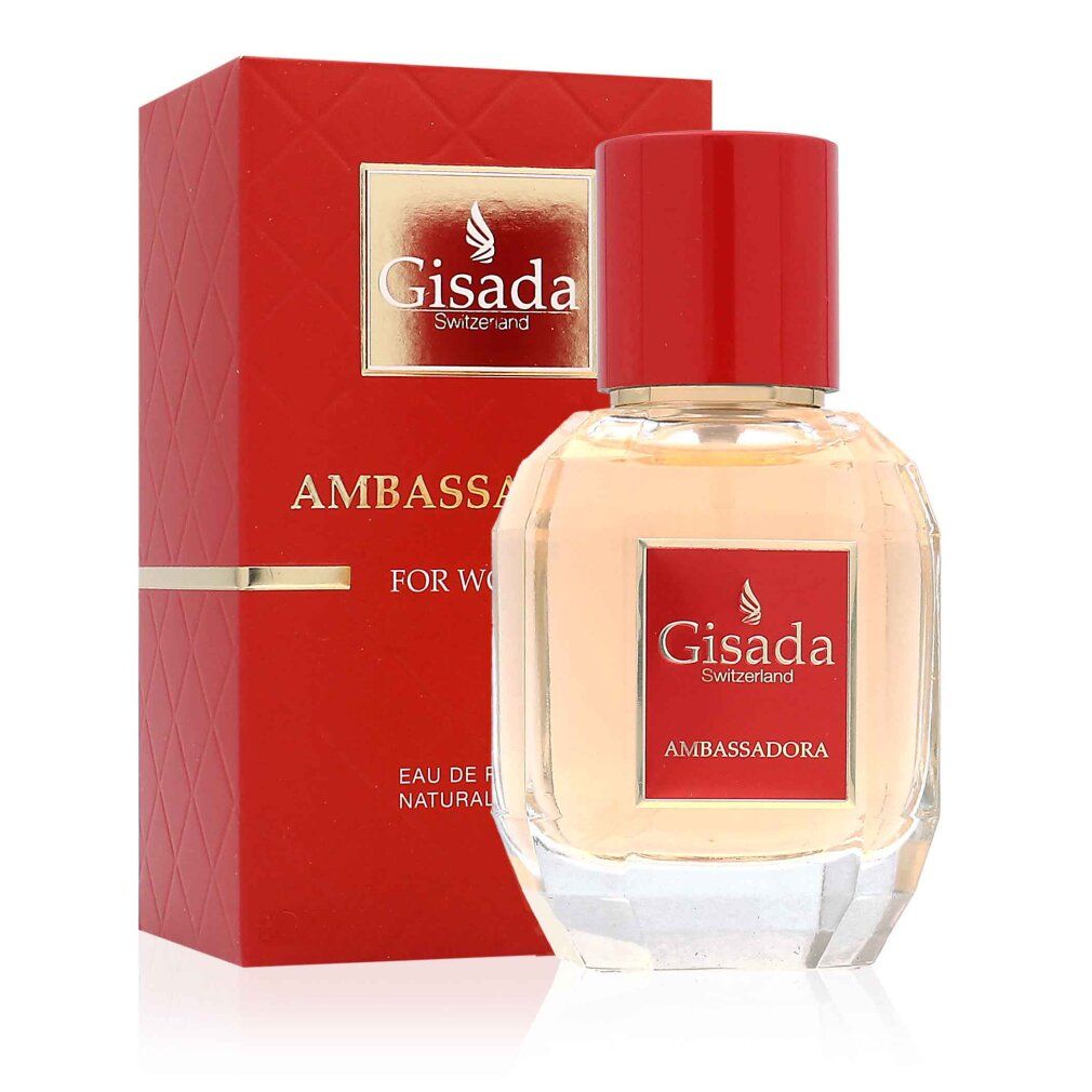 Gisada Ambassadora Eau de Parfum fles naast de rode productverpakking.