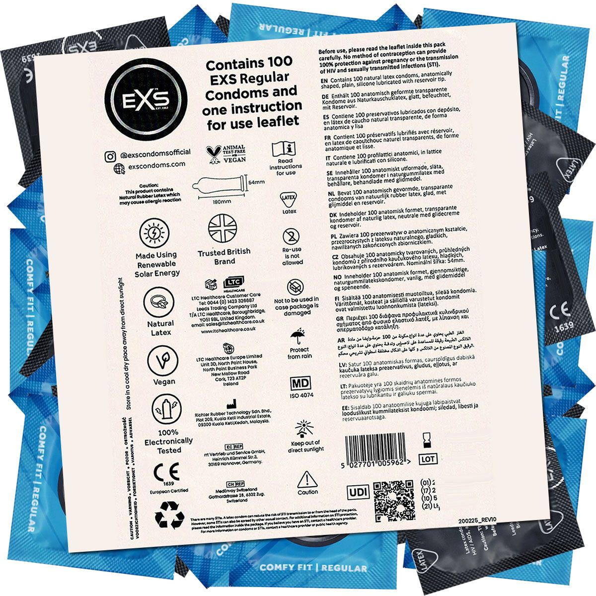Verpakking met 100 EXS Regular condooms en bijsluiter. Bevat informatie over ingrediënten, certificeringen en gebruiksaanwijzing.