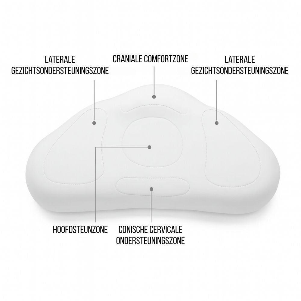 Wit ergonomisch kussen. Zones: hoofd, nek, gezicht. Opschriften in het Nederlands.
