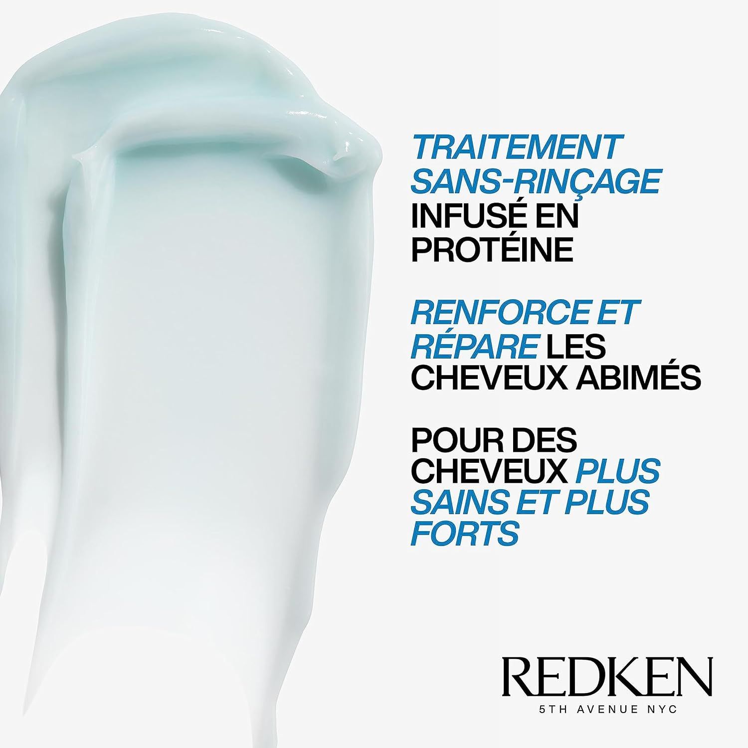 Crème bleu clair avec texte indiquant 'Traitement sans rinçage infusé en protéine'.