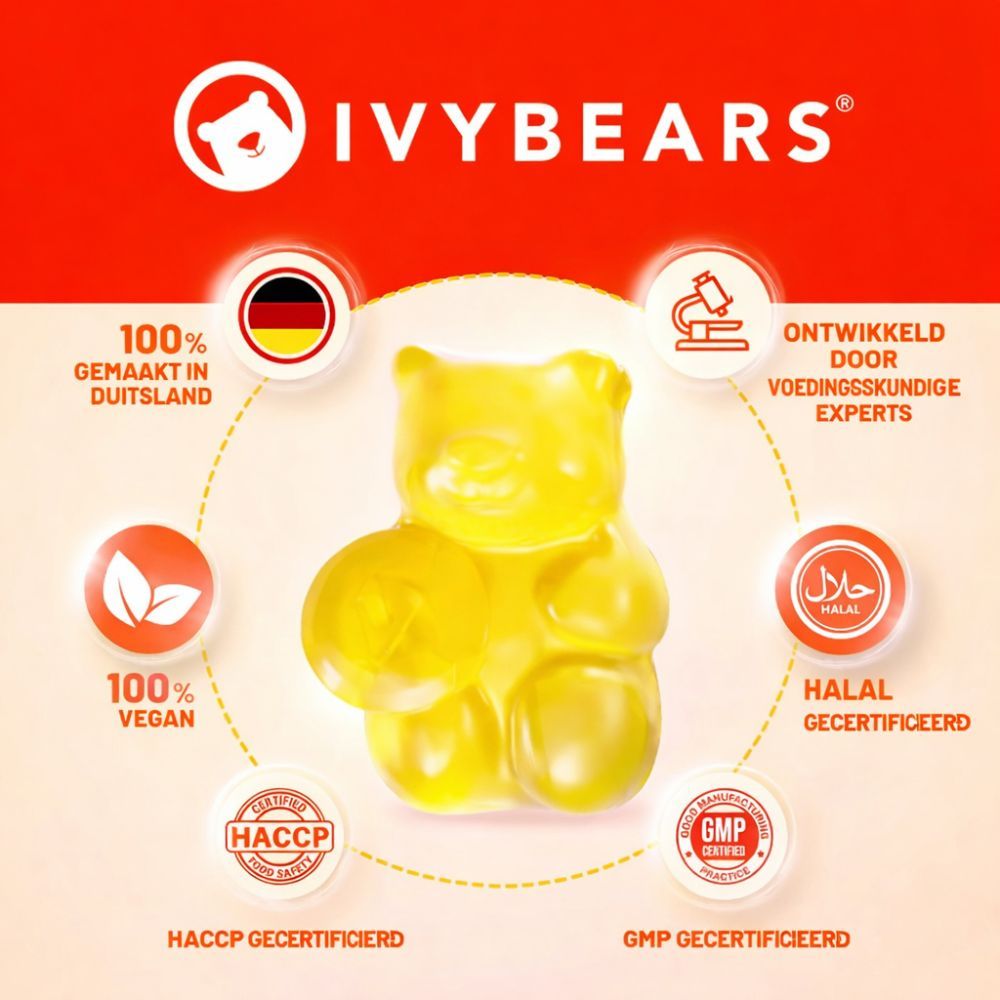 Gele gummybeer. Logo's: 100% vegan, Made in Germany, Halal, HACCP, GMP.