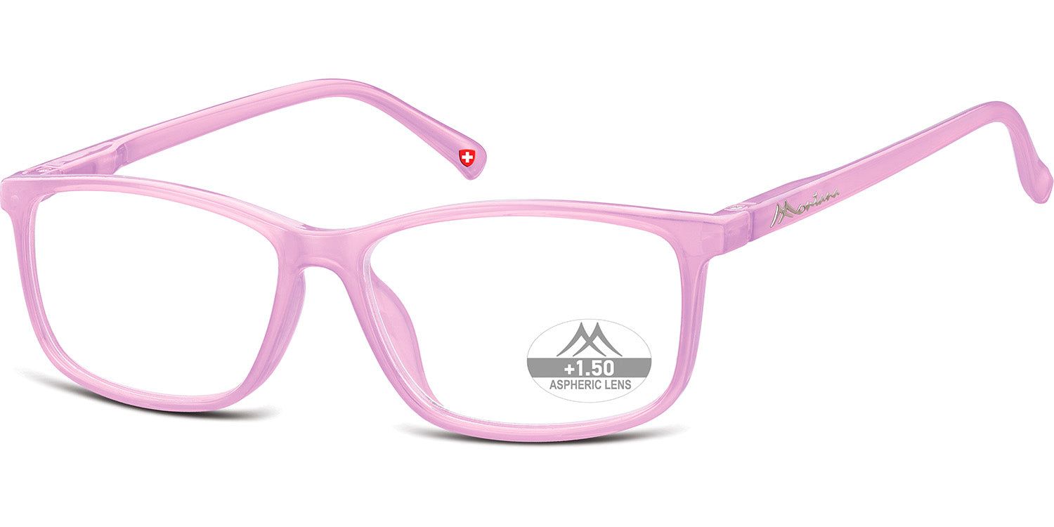 Roze bril met rechthoekige glazen. "Montana Eyewear" op de rechter poot. "Aspheric Lens" op het glas.