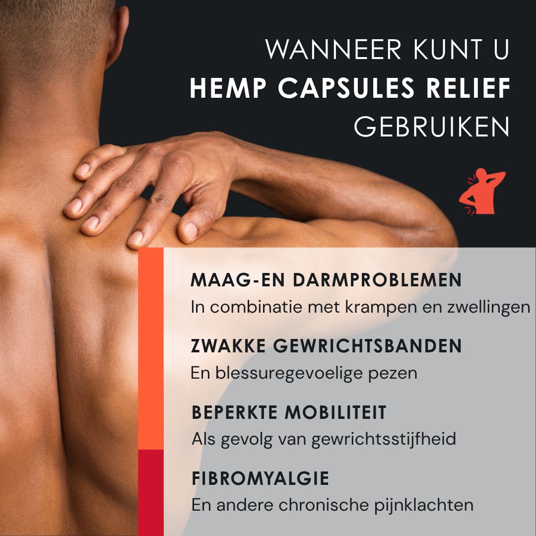 Man met rugpijn. Opschrift: HEMP CAPSULES RELIEF. Wanneer te gebruiken? 4 aandoeningen.