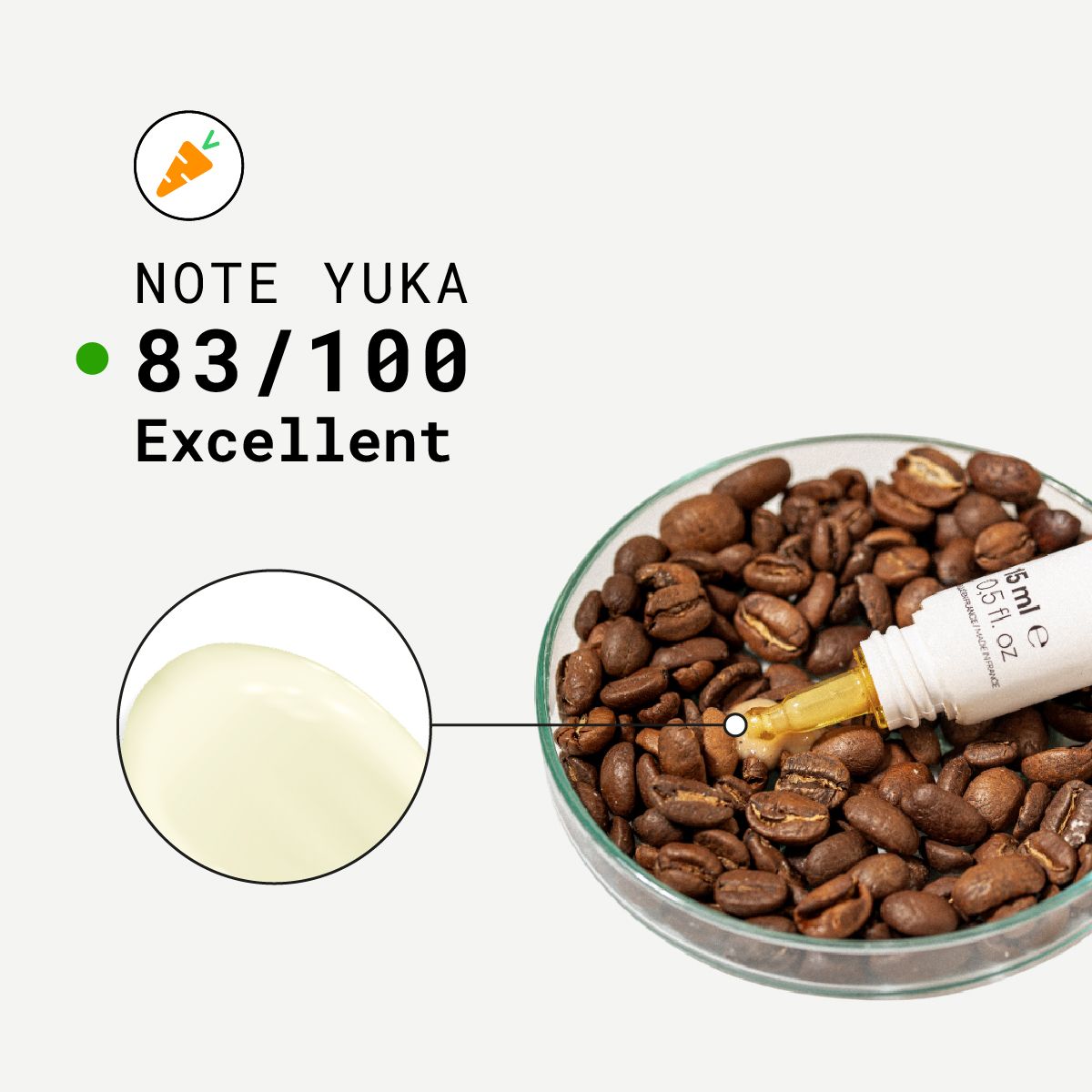 Productmonster naast koffiebonen. Yuka-beoordeling: 83/100. Product: EYE RE-7, 5 ml.