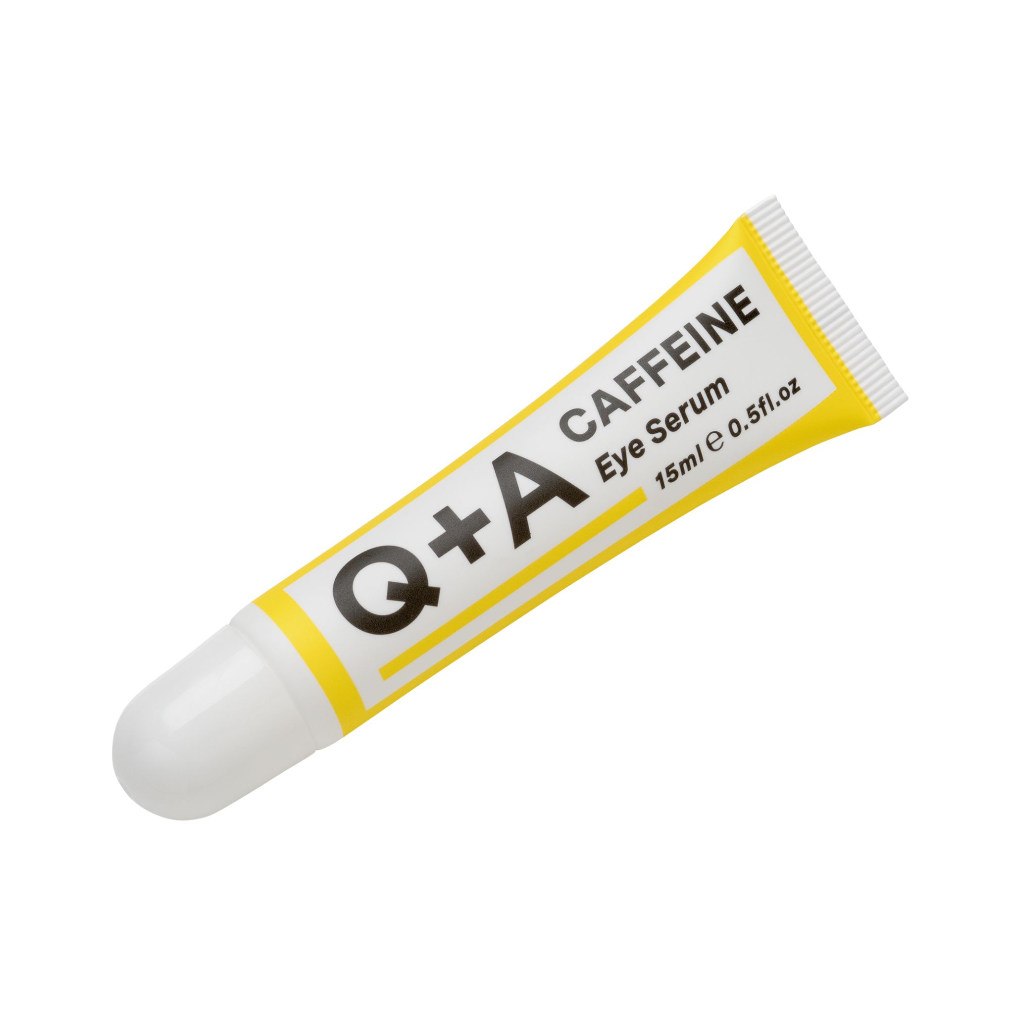 Gele tube met witte dop. Opschrift: Q+A, CAFFEINE Eye Serum, 15ml 0.5fl.oz.