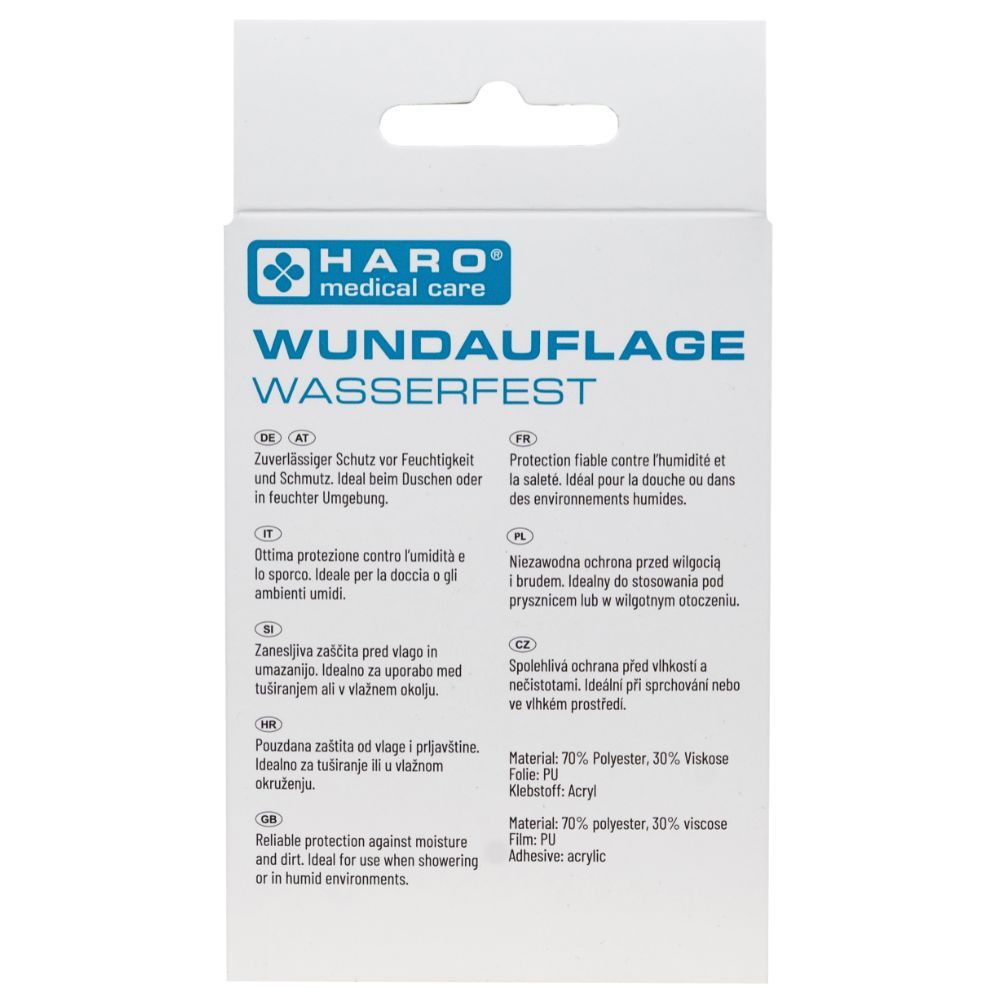Achterkant van de verpakking van Haro Wundauflage wasserfest. Informatie over materialen en eigenschappen.
