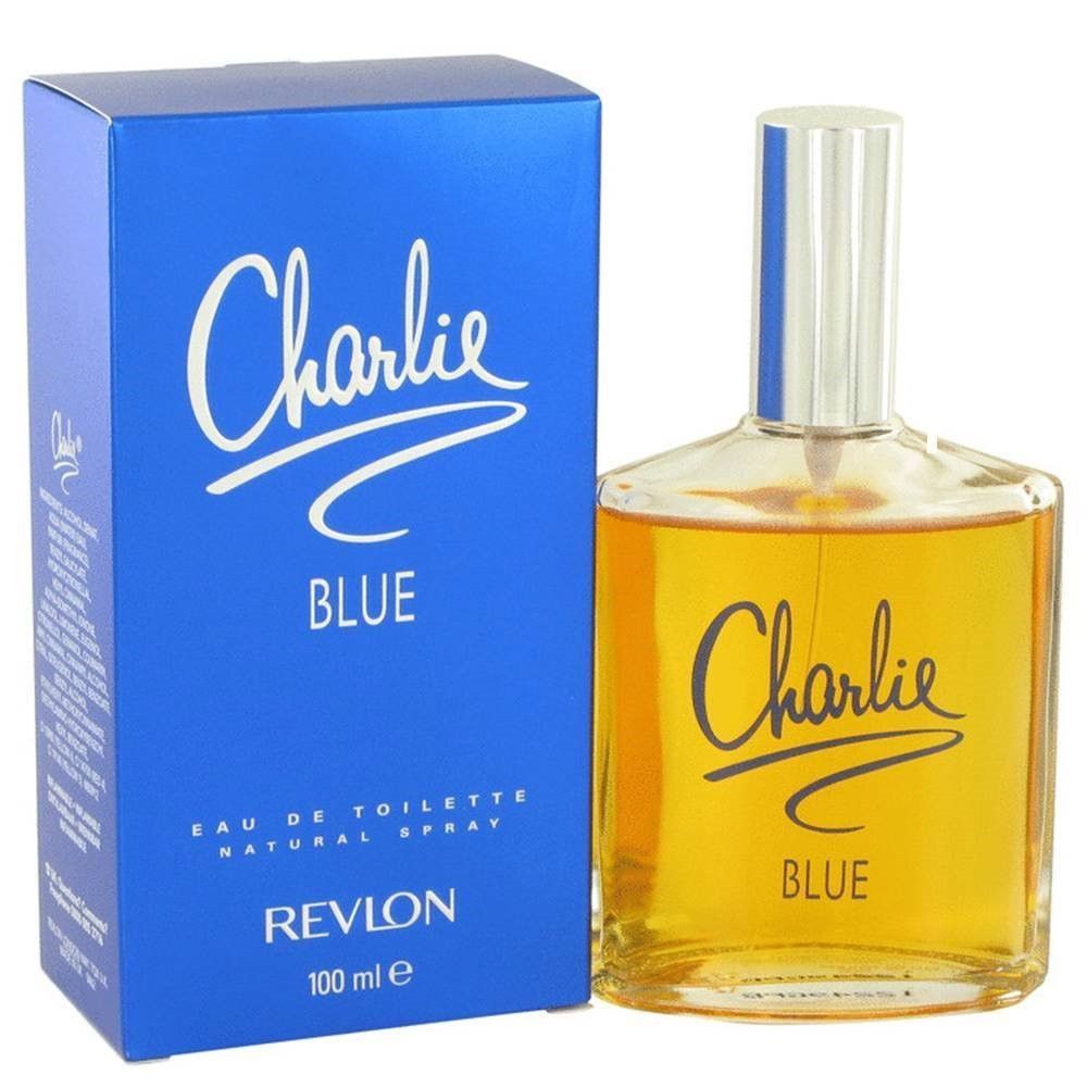 Boîte bleue et flacon en verre. Inscription 'Charlie Blue'. Flacon avec vaporisateur argenté. 'Revlon' visible.