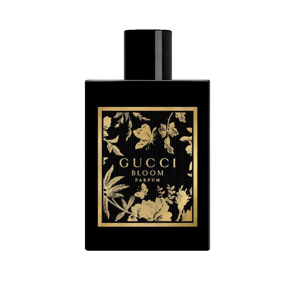 Zwarte flacon met gouden etiket. Opschrift: Gucci Bloom Parfum. Vierkante vorm met zwarte dop.
