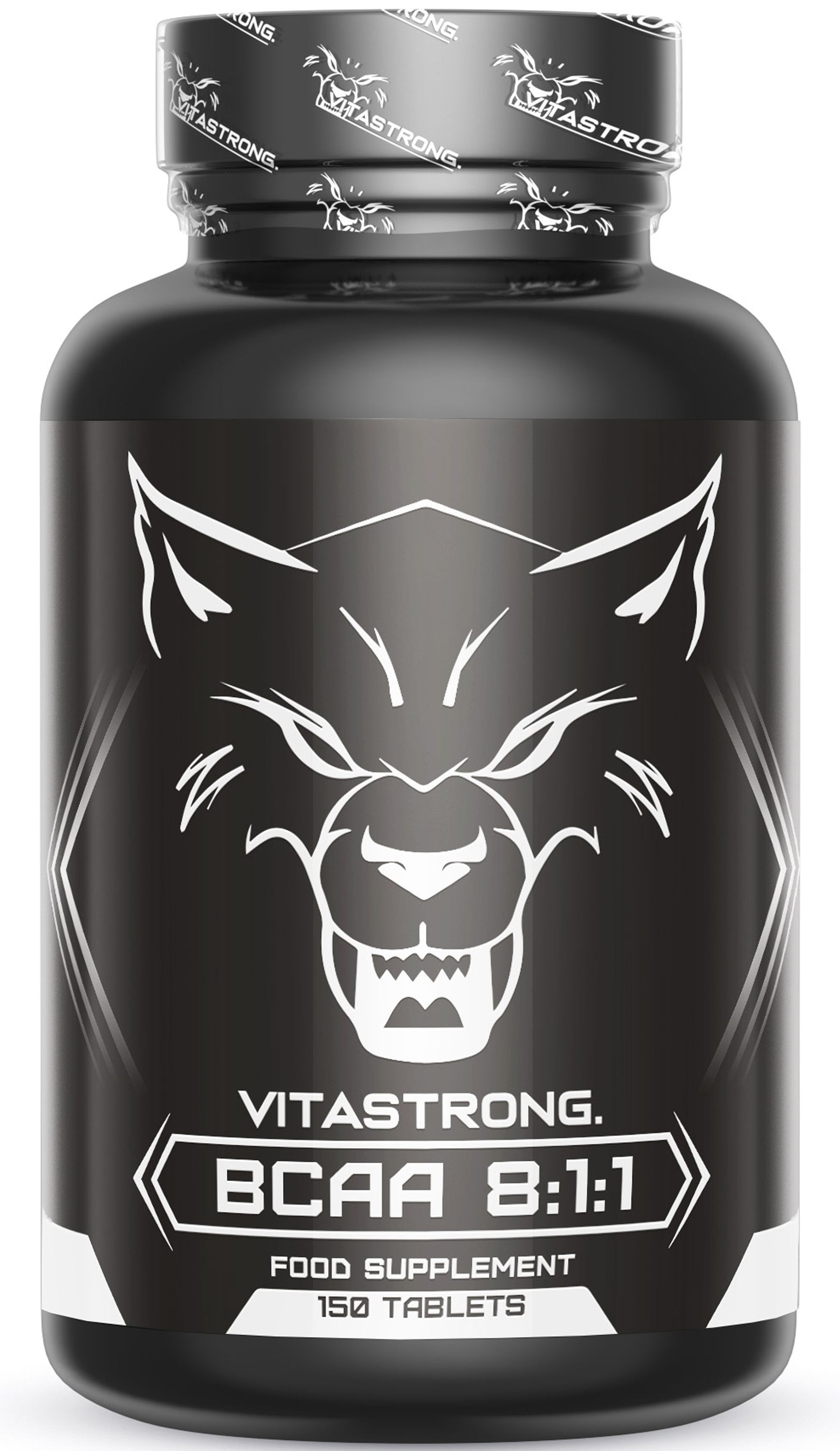 Flacon noir avec inscription Vitastrong BCAA 8:1:1 et logo tête de loup.