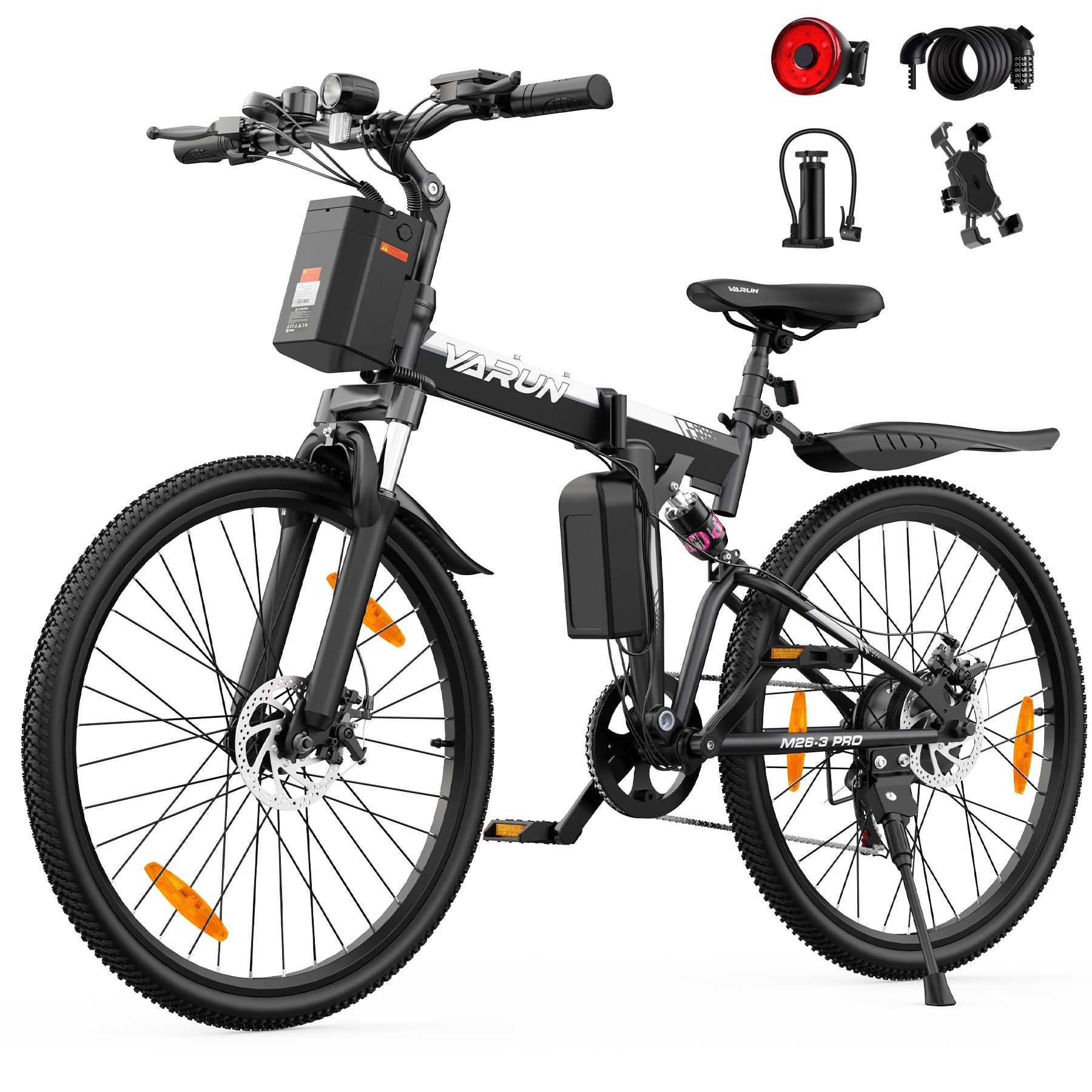 Vélo pliant noir avec batterie, logo VARUN. Accessoires: feu arrière, antivol spirale, pompe, support téléphone.