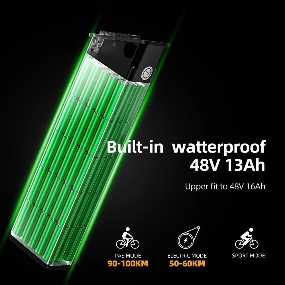 Batterie avec cellules vertes. Texte : Built-in waterproof 48V 13Ah. Pictogrammes pour modes PAS, électrique et sport.
