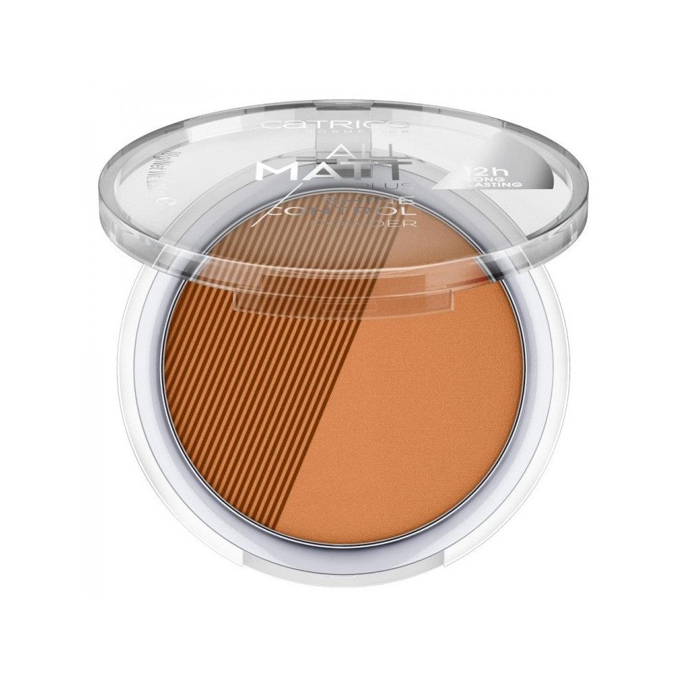 Poudre Catrice All Matt Plus Shine Control ouverte avec deux zones de couleur.