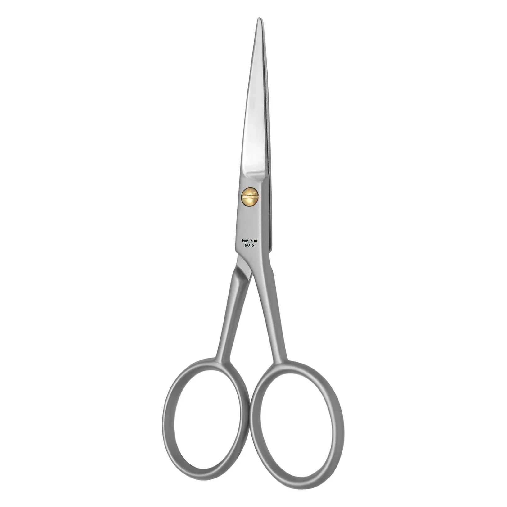 Ciseaux à barbe argentés. Métal, avec poignées rondes et pointe effilée. Vis dorée. Inscription.