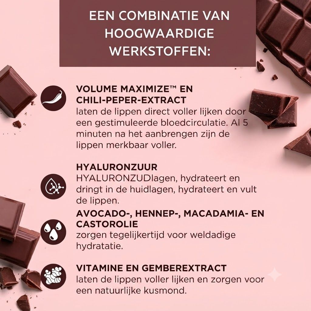 Combinatie van hoogwaardige ingrediënten voor lipverzorging: volumizer, hyaluronzuur, oliën en extracten.