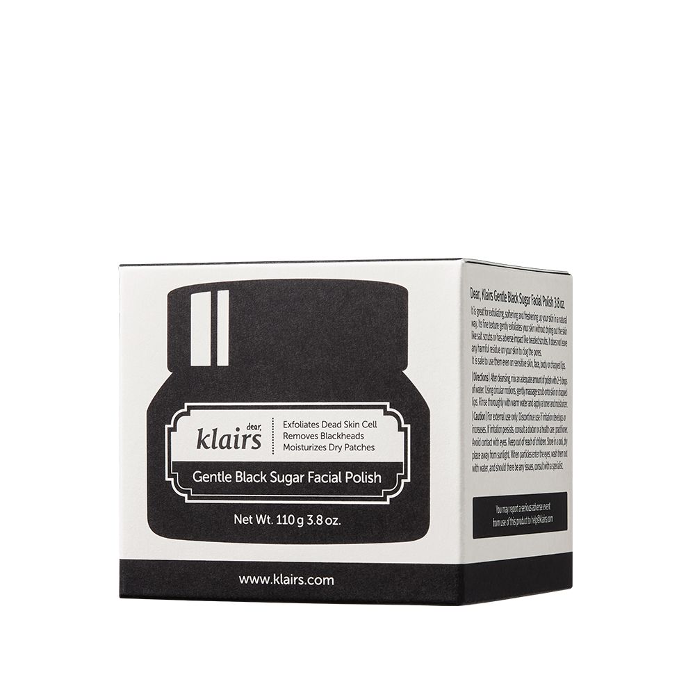 Klairs Gentle Black Sugar Facial Polish verpakking met zwart deksel en wit etiket.