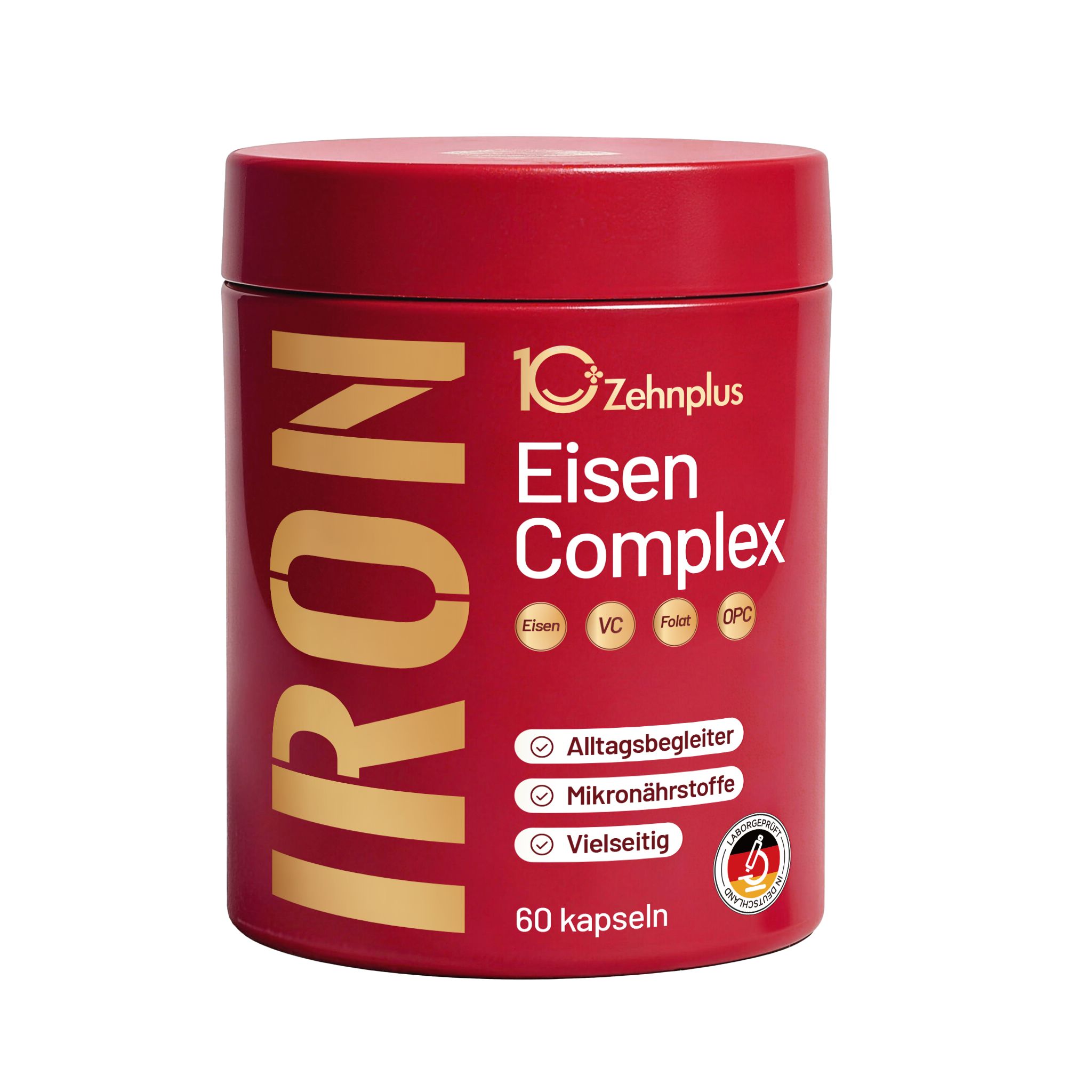 Boîte rouge avec inscription "IRON Eisen Complex". Contient 60 gélules.