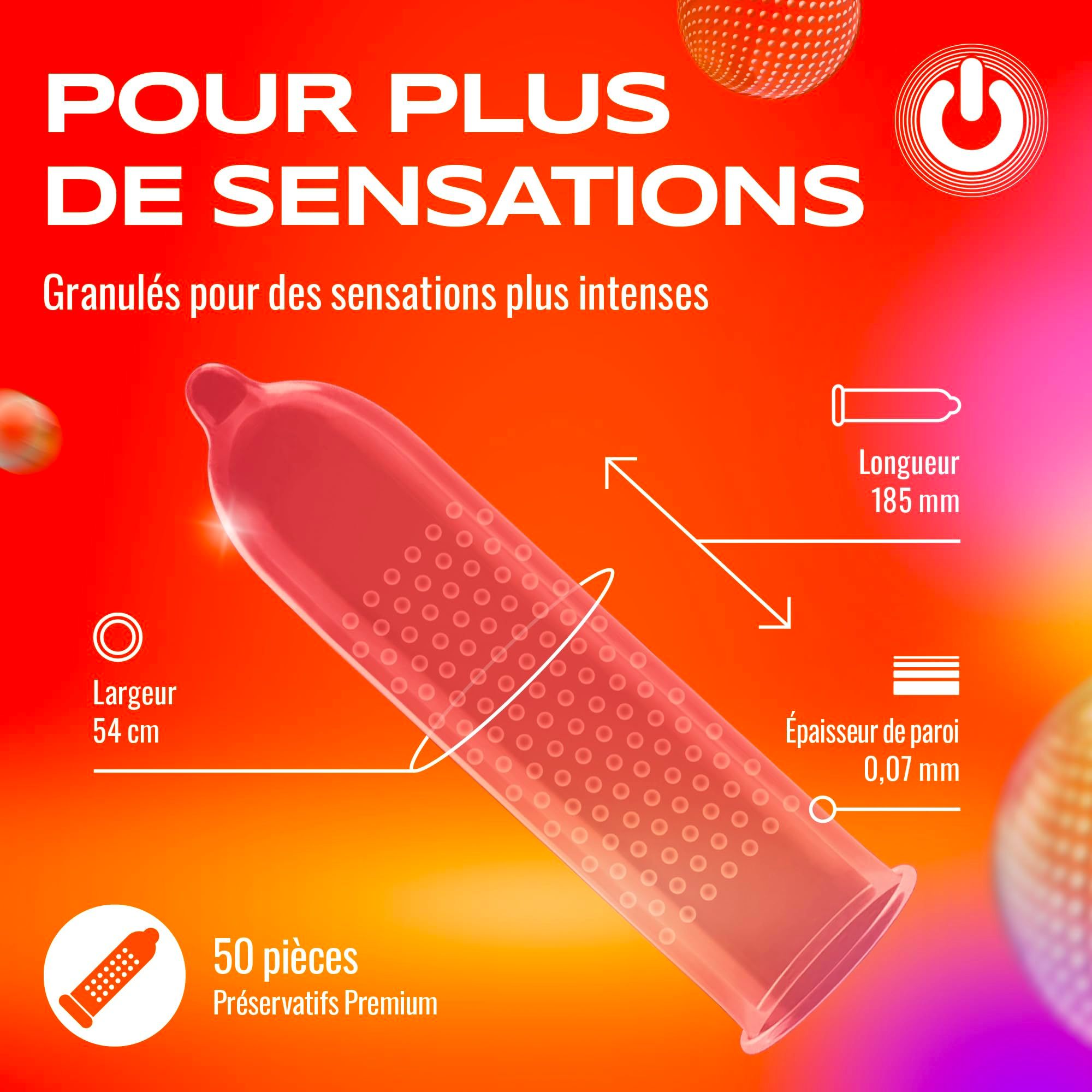 Préservatif ON), texture à pois pour stimulation, mélange spécial transparent.