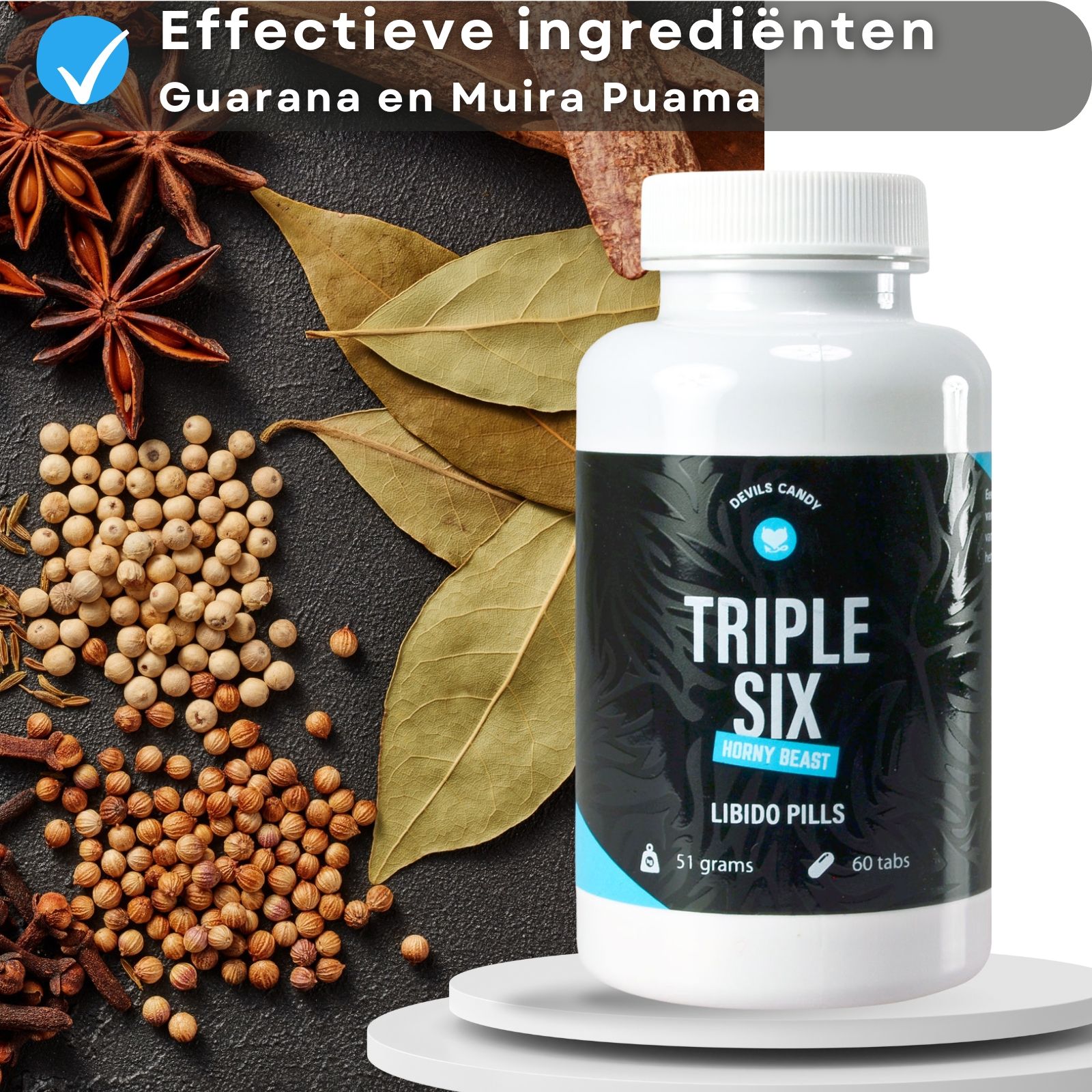 Fles "Triple Six" Libido Pills en ingrediënten. Tekst: Effectieve ingrediënten, Guarana en Muira Puama.